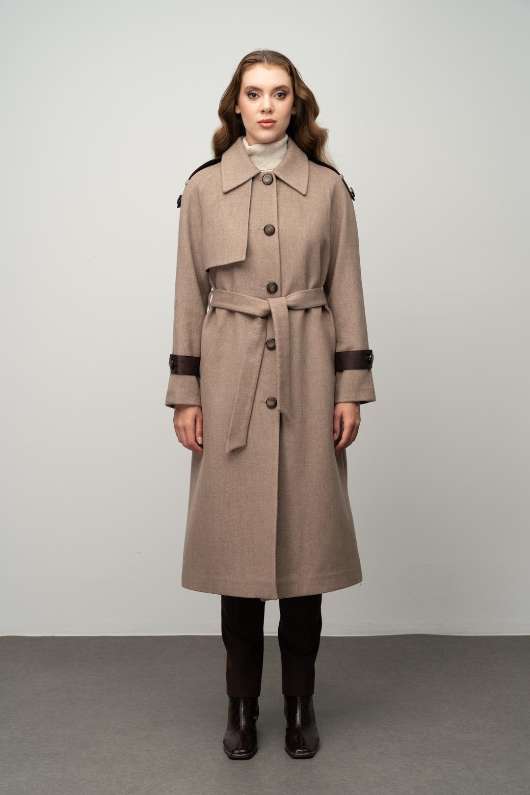 Genuine Leather Detailed Waist-Tied Mid-Length Cashmere Coat CAMEL 3030-K