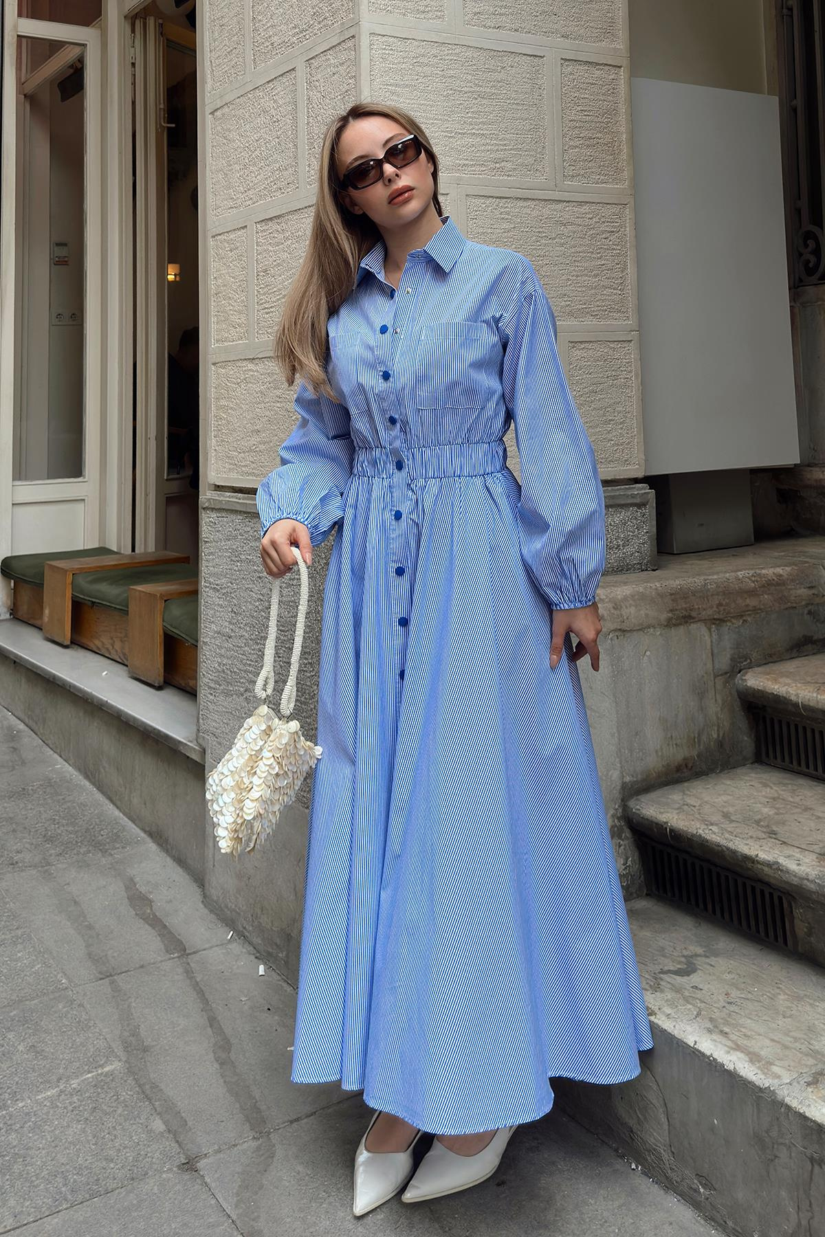 Poplin Dress with Elastic Waist and Chest Pocket BLUE-WHITE 9286-E