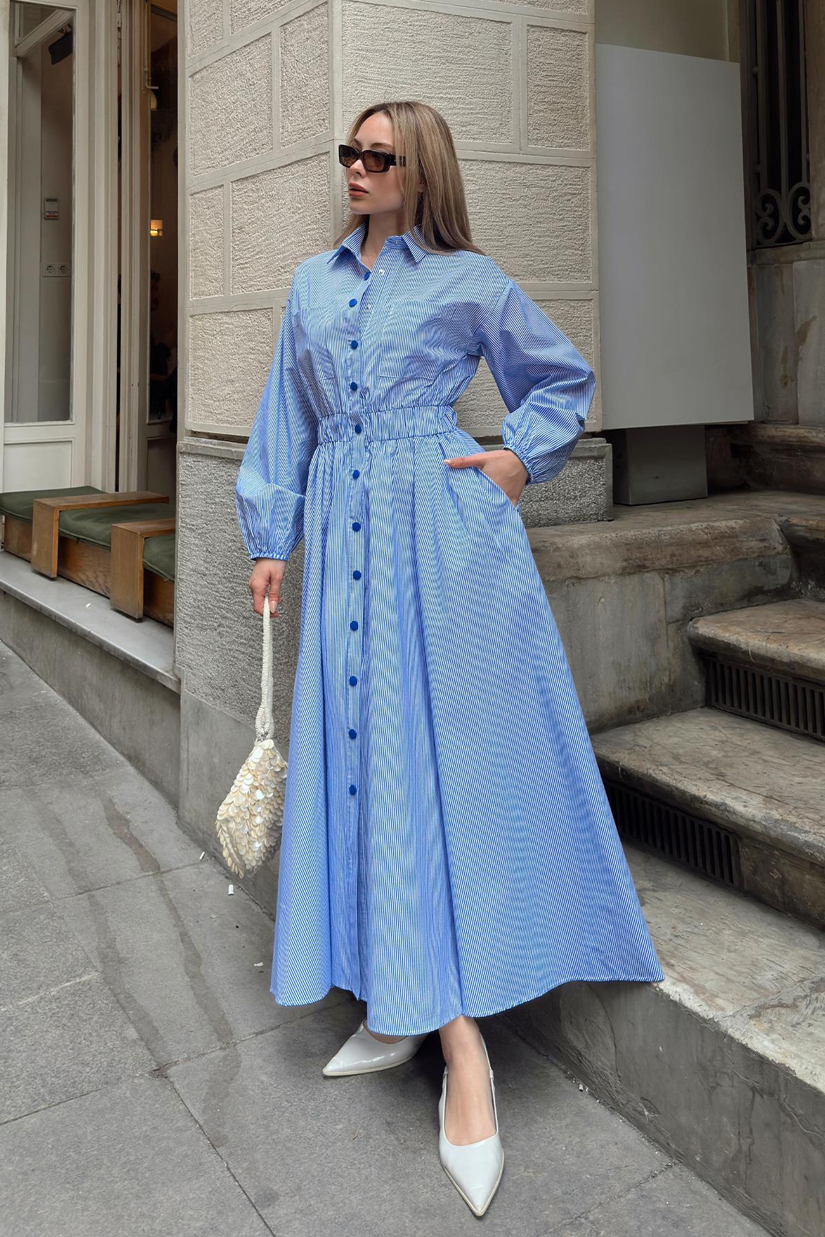 Poplin Dress with Elastic Waist and Chest Pocket BLUE-WHITE 9286-E