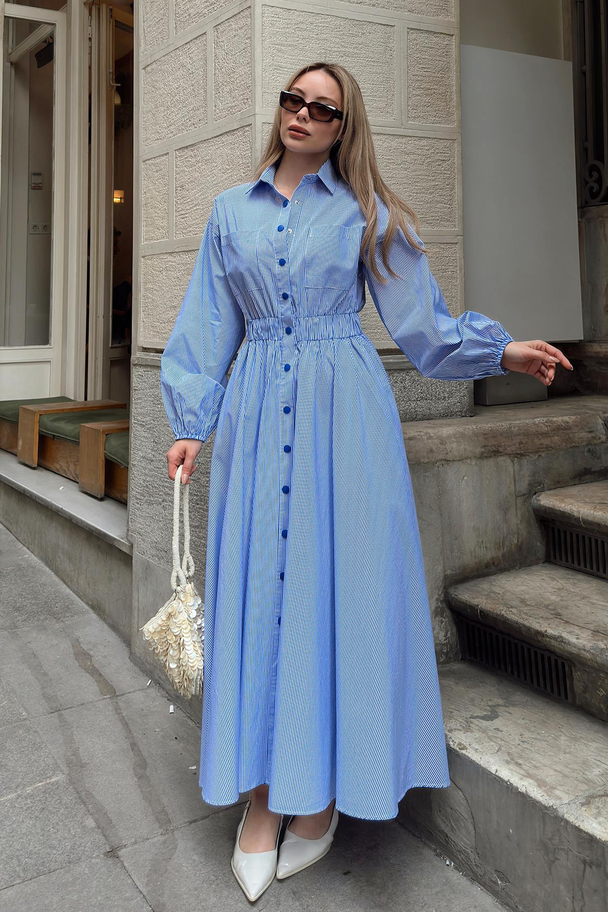 Poplin Dress with Elastic Waist and Chest Pocket BLUE-WHITE 9286-E