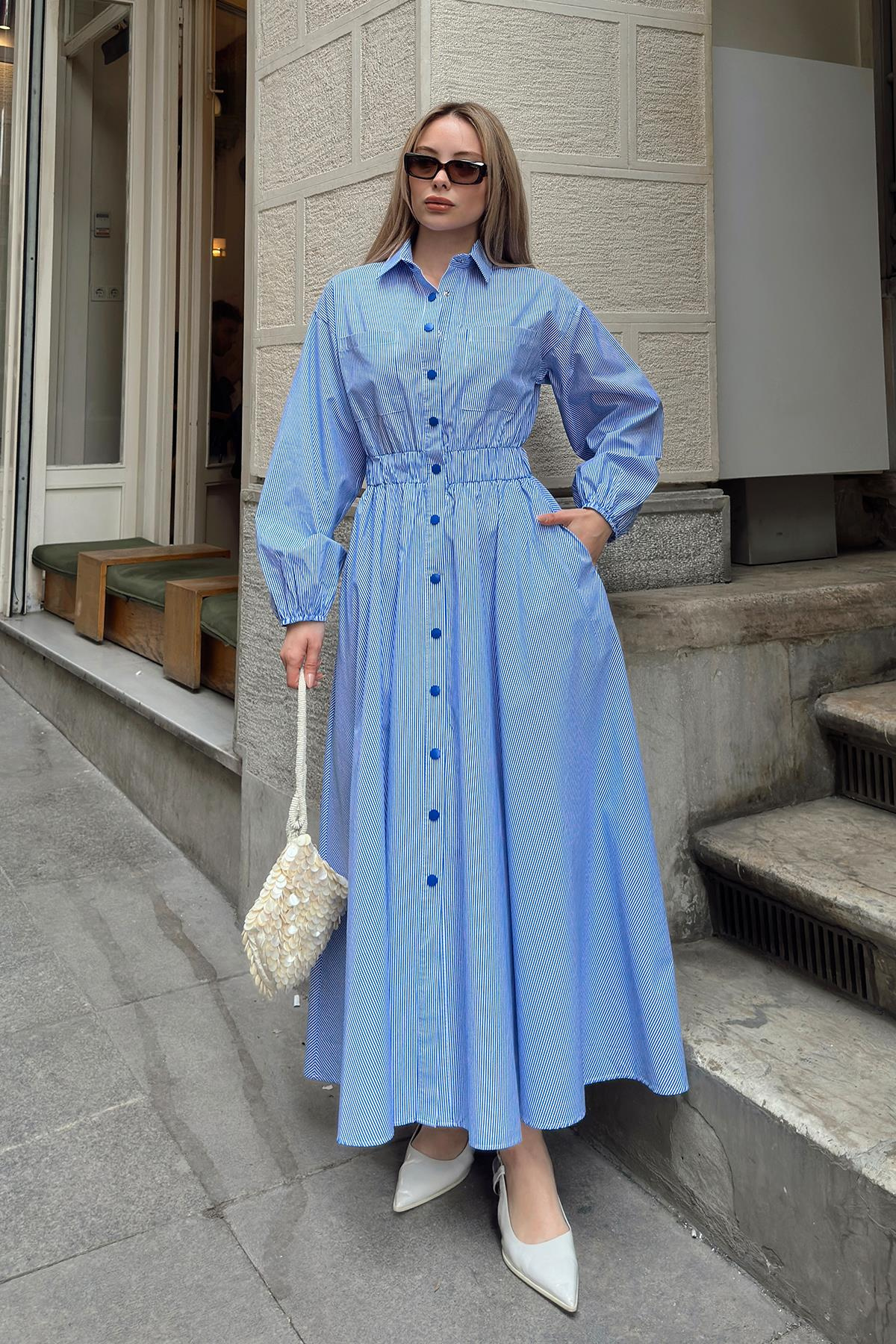 Poplin Dress with Elastic Waist and Chest Pocket BLUE-WHITE 9286-E