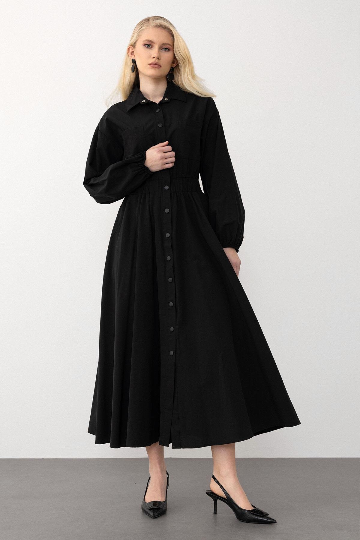 Poplin Dress with Elastic Waist and Chest Pocket BLACK 9286-E