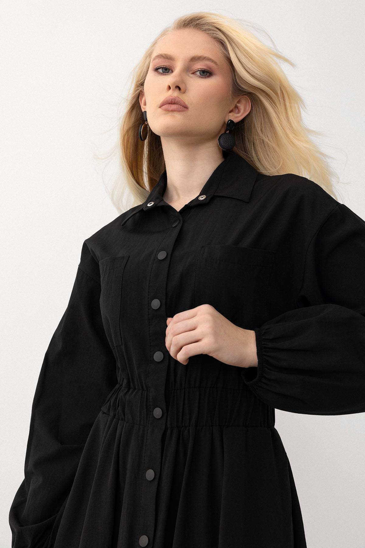 Poplin Dress with Elastic Waist and Chest Pocket BLACK 9286-E