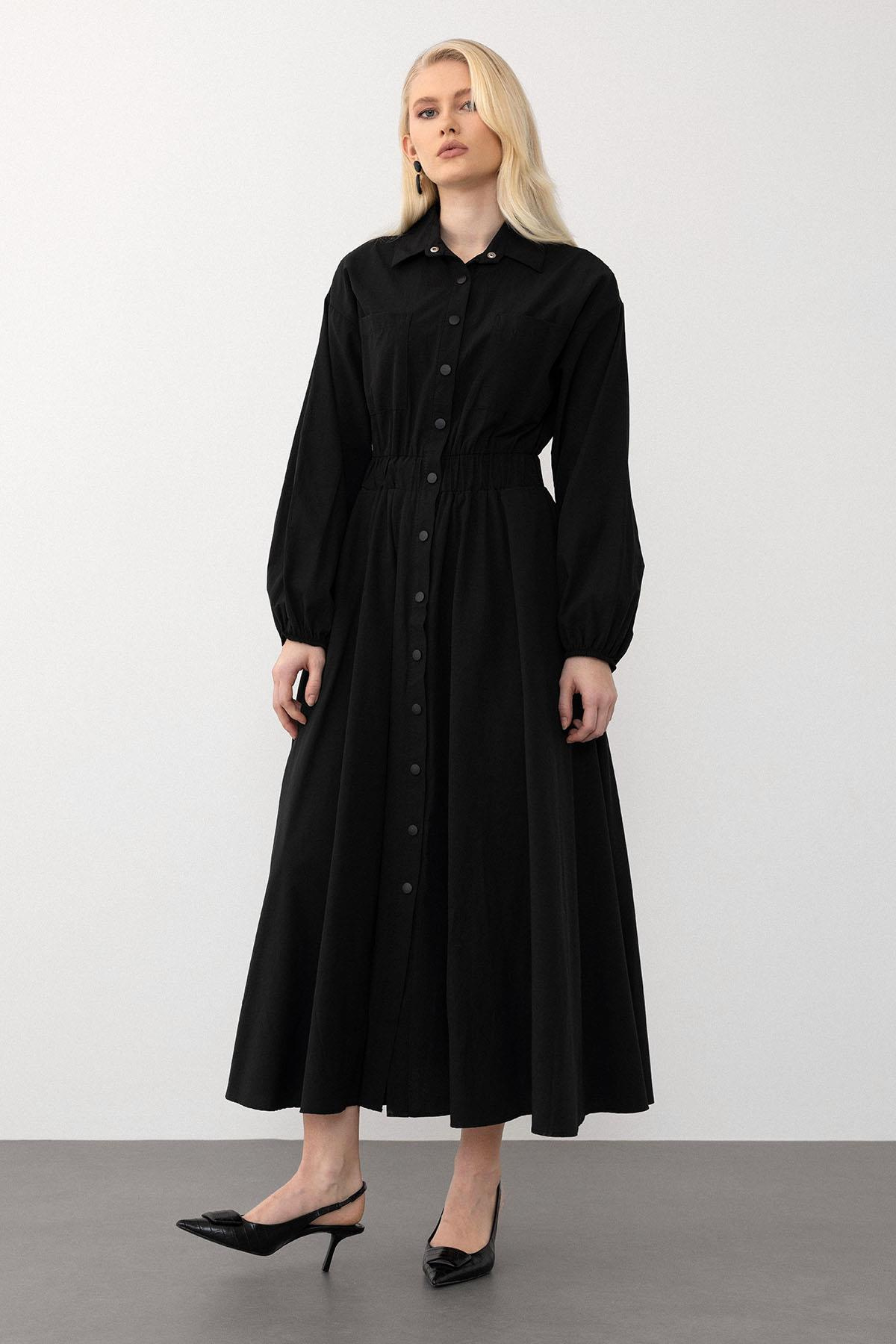 Poplin Dress with Elastic Waist and Chest Pocket BLACK 9286-E