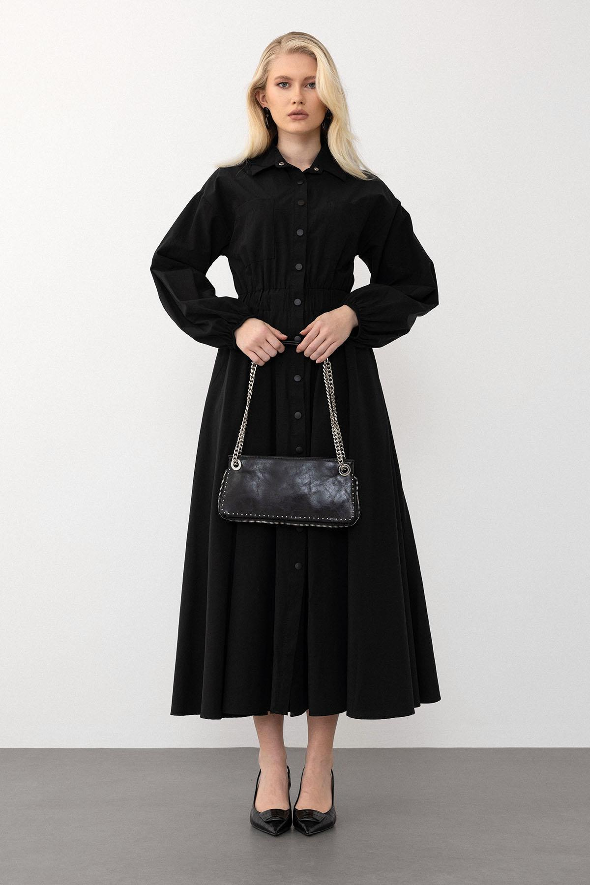 Poplin Dress with Elastic Waist and Chest Pocket BLACK 9286-E