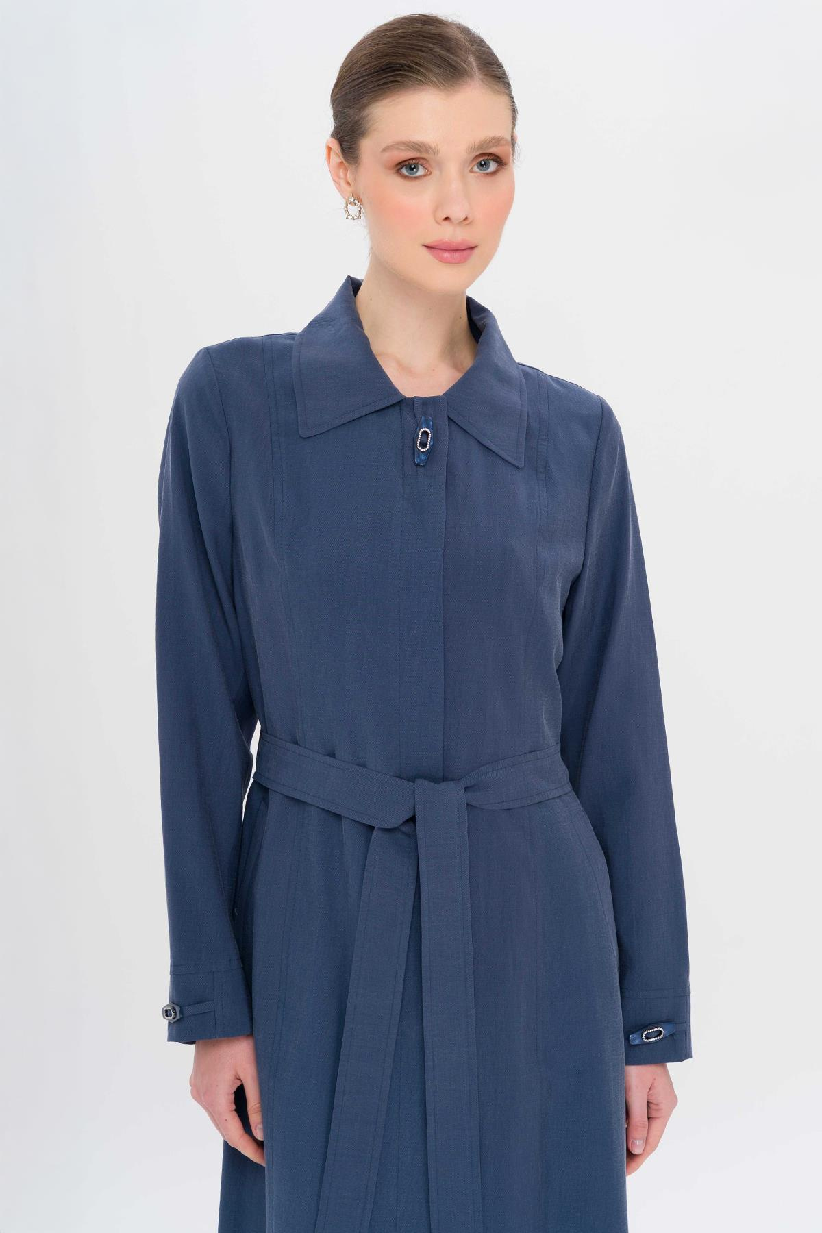 Gömlek Yaka Aksesuar Detaylı Astarsız Modal Büyük Beden Pardesü İNDİGO 6745