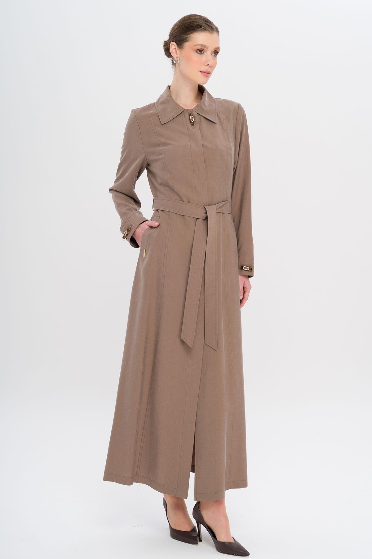 Gömlek Yaka Aksesuar Detaylı Astarsız Modal Büyük Beden Pardesü A.KAHVE 6745