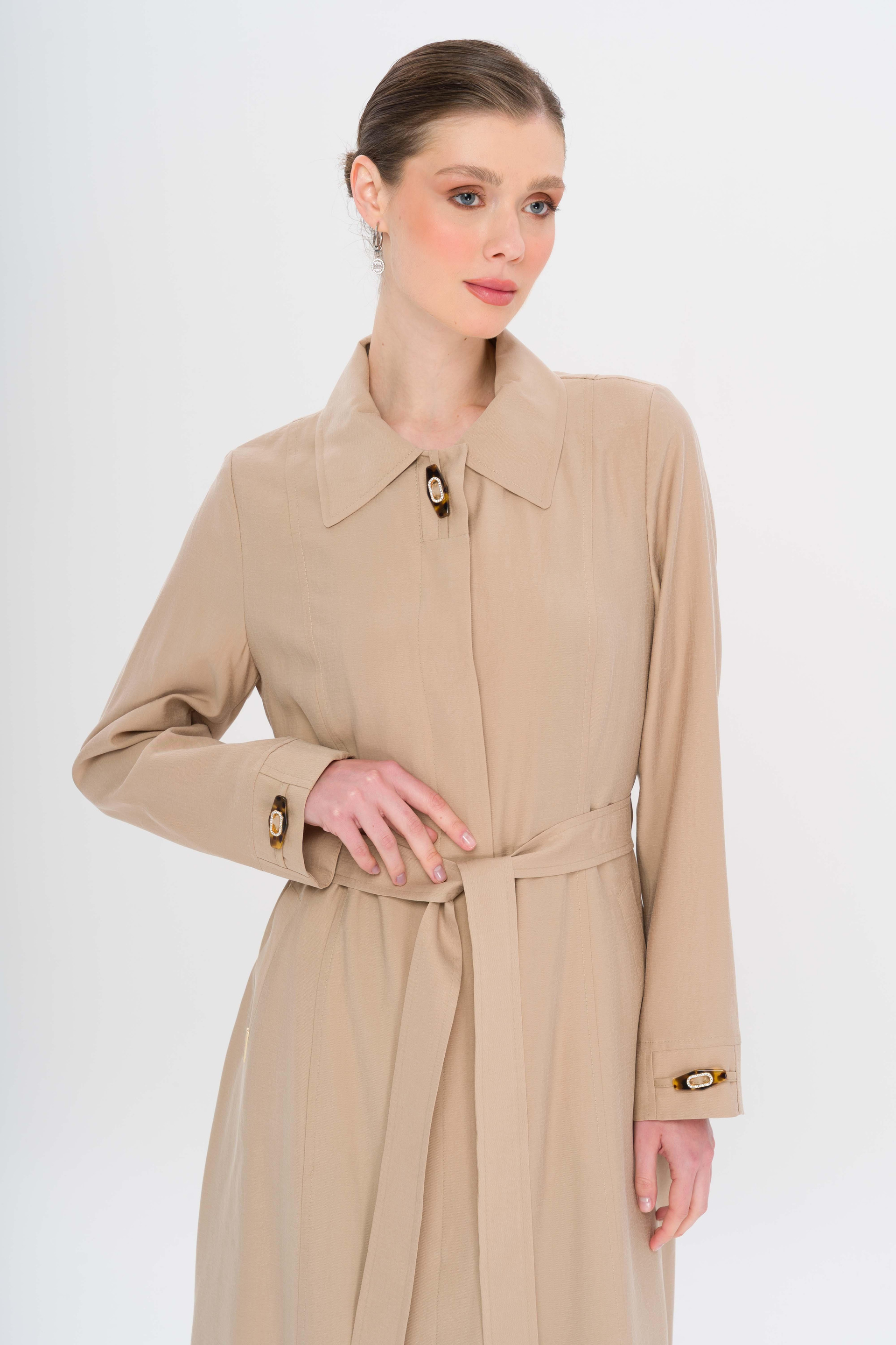 Gömlek Yaka Aksesuar Detaylı Astarsız Modal Büyük Beden Pardesü BEJ 6745