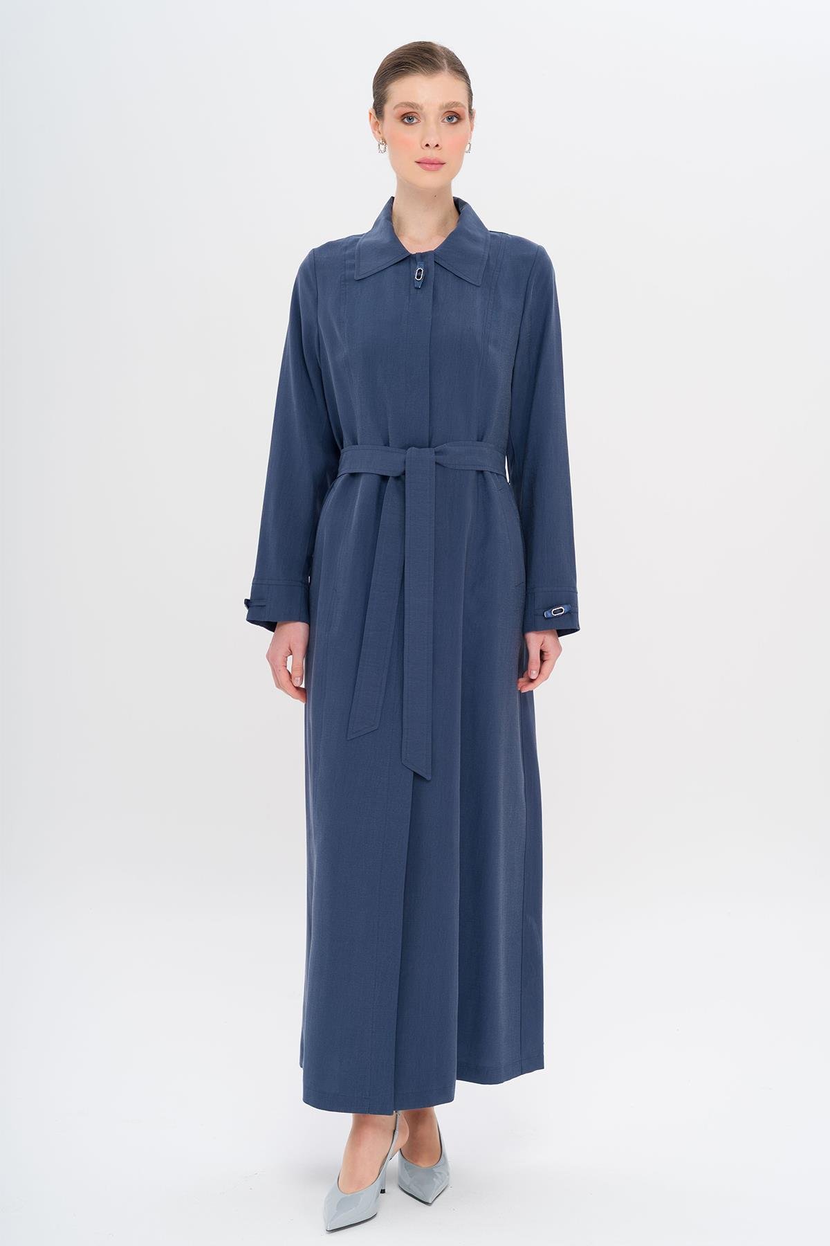 Gömlek Yaka Aksesuar Detaylı Astarsız Modal Büyük Beden Pardesü İNDİGO 6745