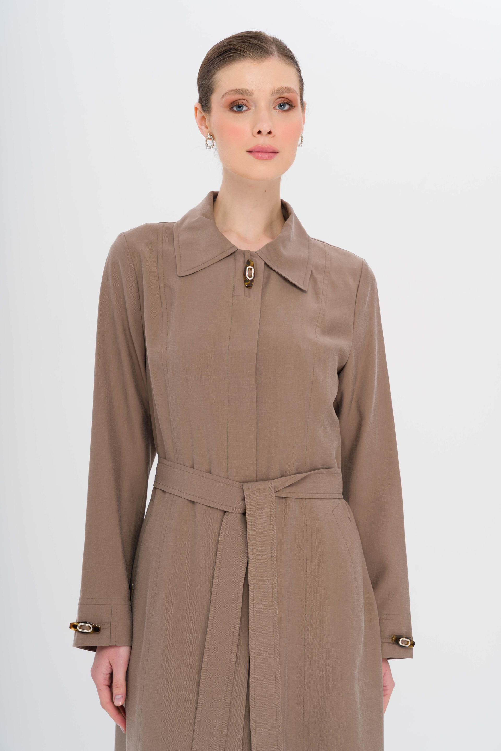 Gömlek Yaka Aksesuar Detaylı Astarsız Modal Büyük Beden Pardesü A.KAHVE 6745