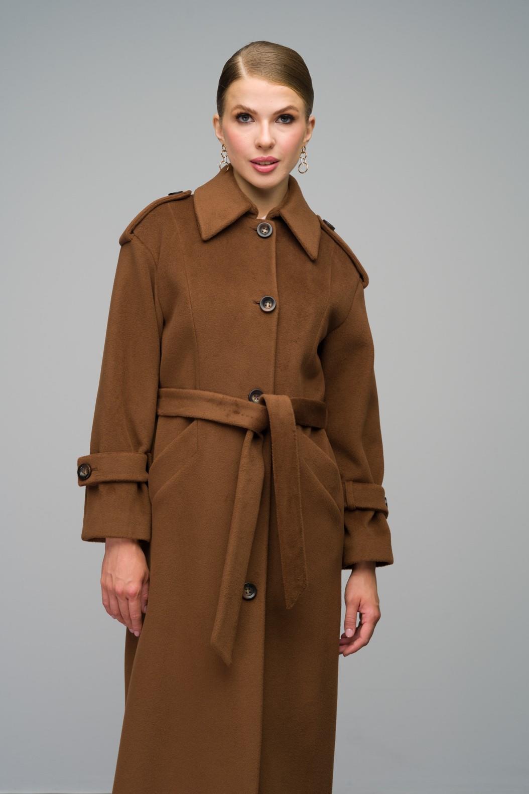 Oversize Long Coat with Shirt Collar and Epaulette Detail TOBACCO 3064