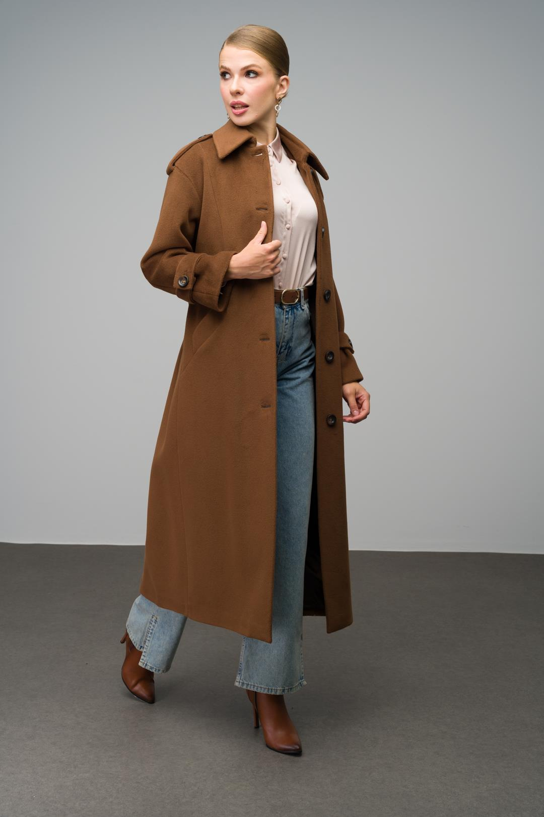 Oversize Long Coat with Shirt Collar and Epaulette Detail TOBACCO 3064