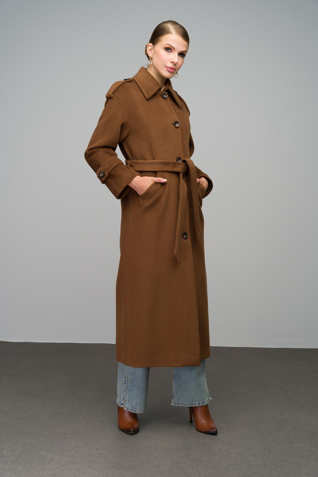 Oversize Long Coat with Shirt Collar and Epaulette Detail TOBACCO 3064