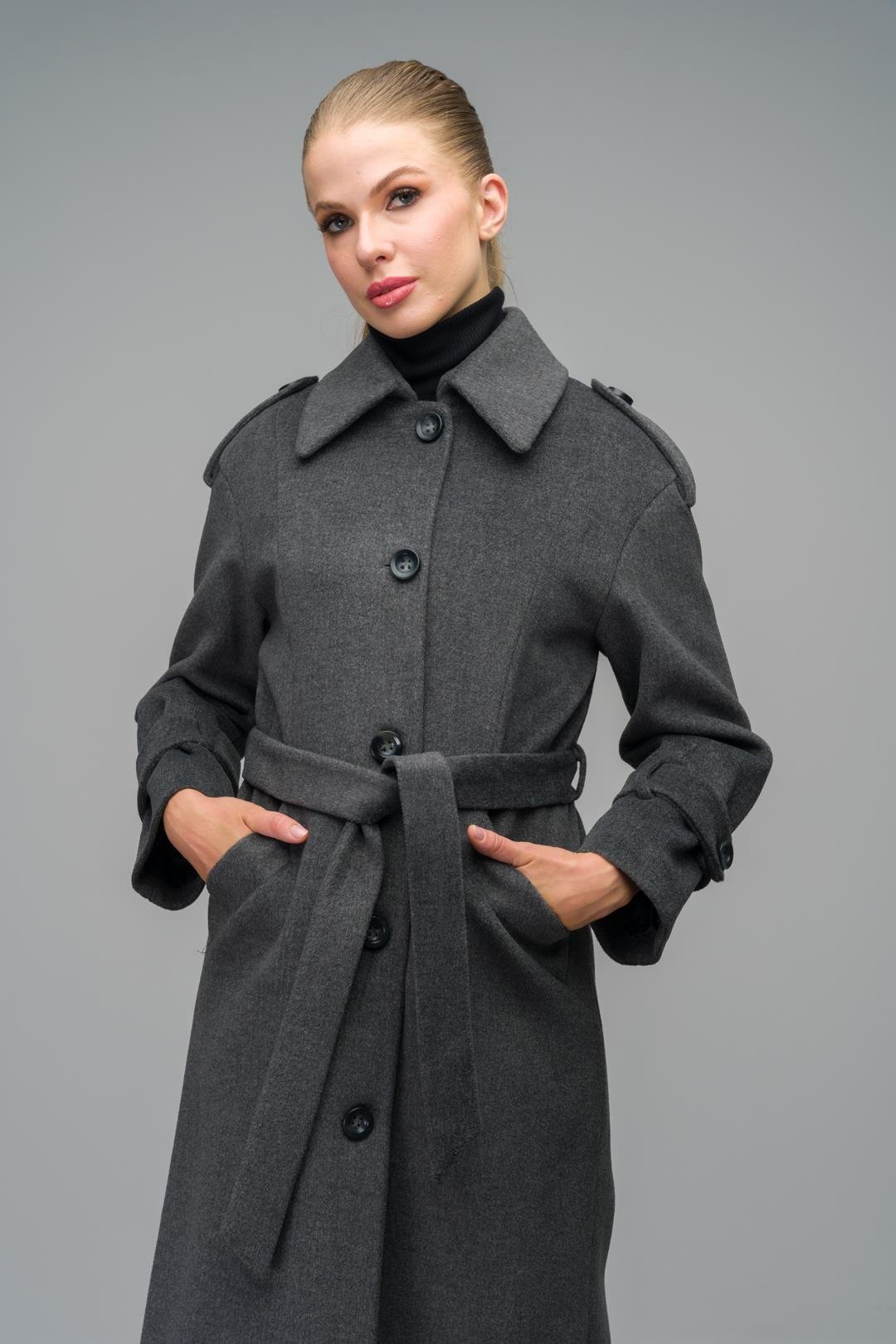 Oversize Long Coat with Shirt Collar and Epaulette Detail DARK GREY 3064