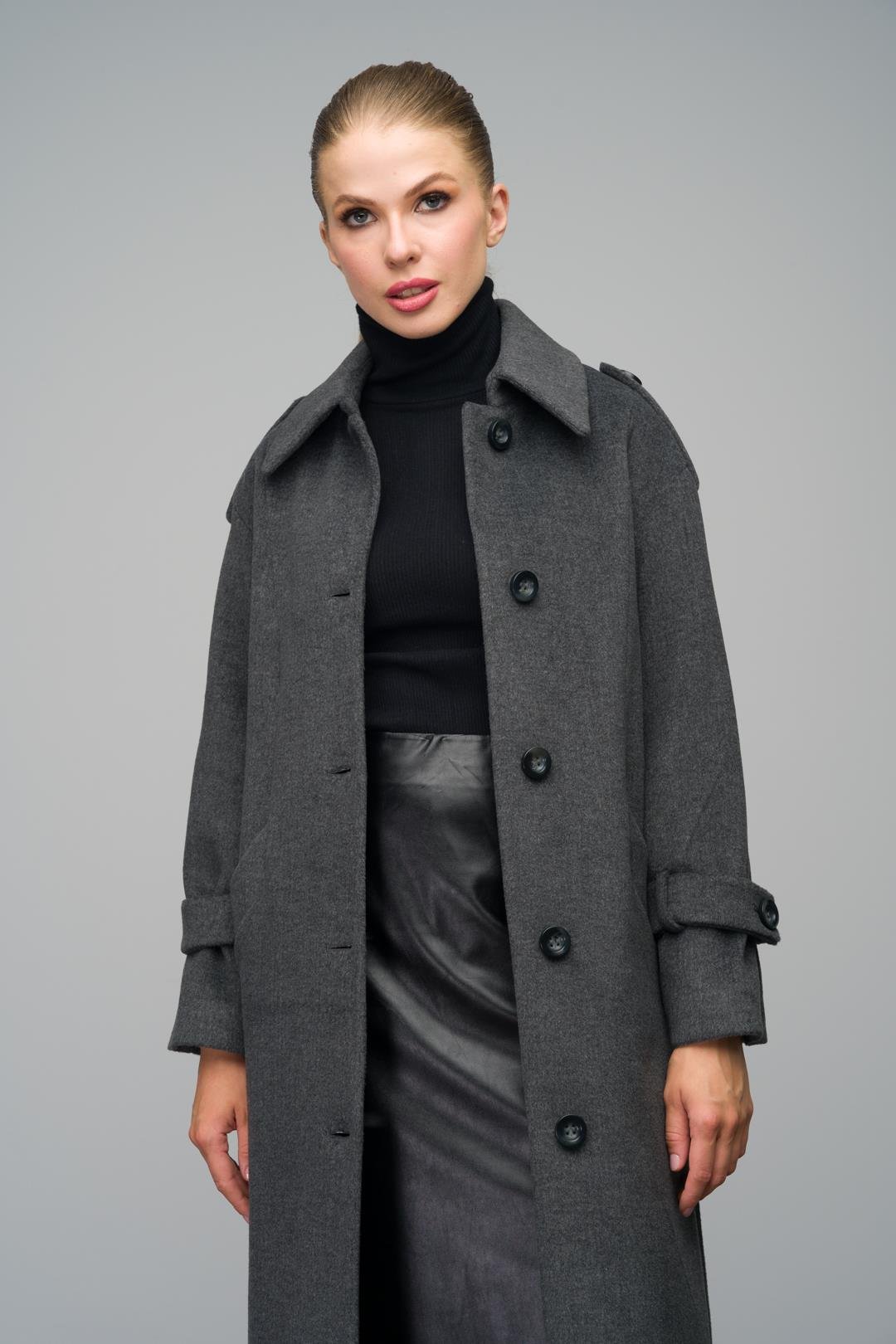 Oversize Long Coat with Shirt Collar and Epaulette Detail DARK GREY 3064
