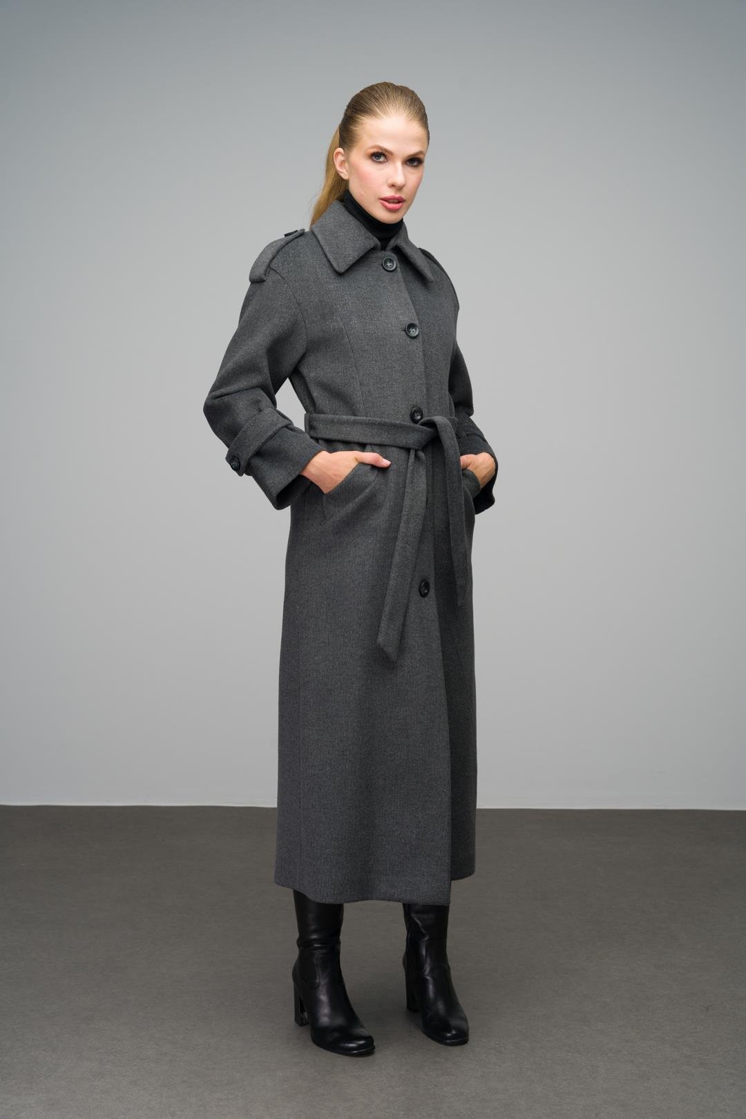 Oversize Long Coat with Shirt Collar and Epaulette Detail DARK GREY 3064