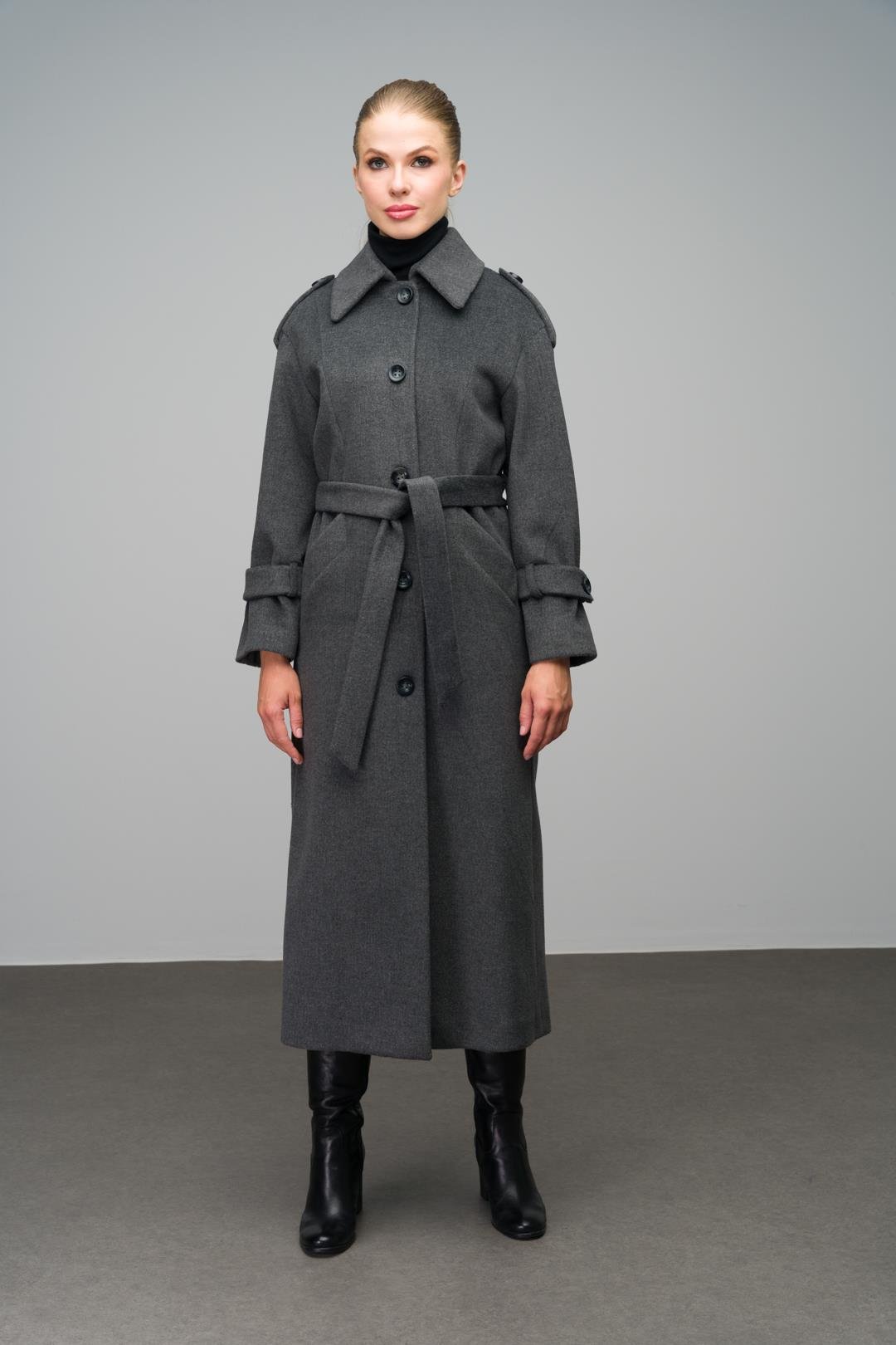 Oversize Long Coat with Shirt Collar and Epaulette Detail DARK GREY 3064