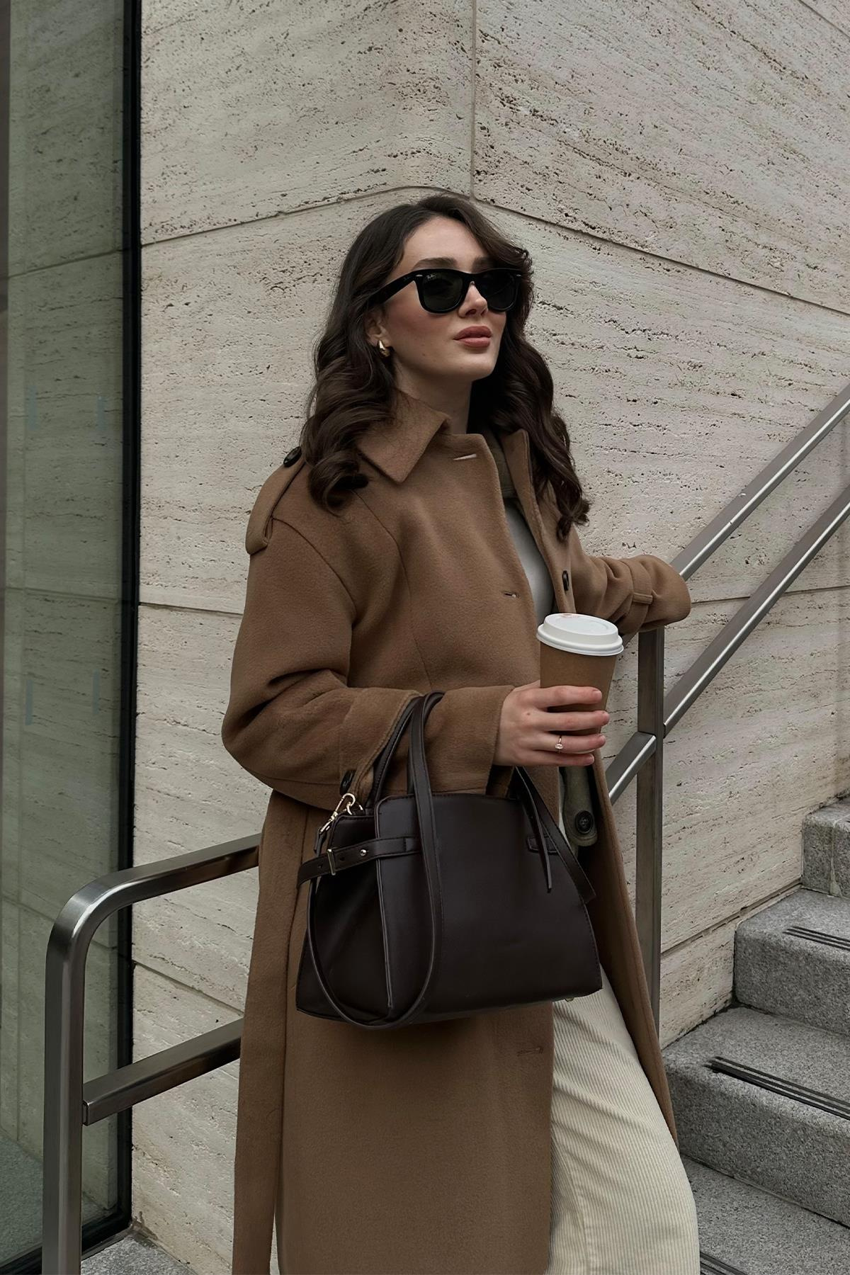 Oversize Long Coat with Shirt Collar and Epaulette Detail K. KAMEL 3064