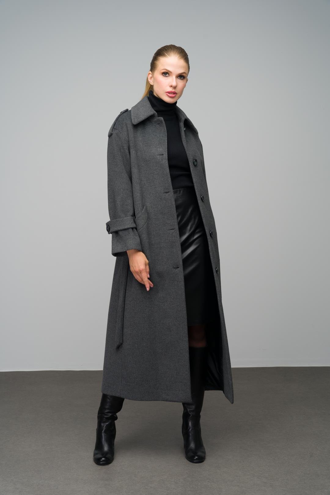 Oversize Long Coat with Shirt Collar and Epaulette Detail DARK GREY 3064