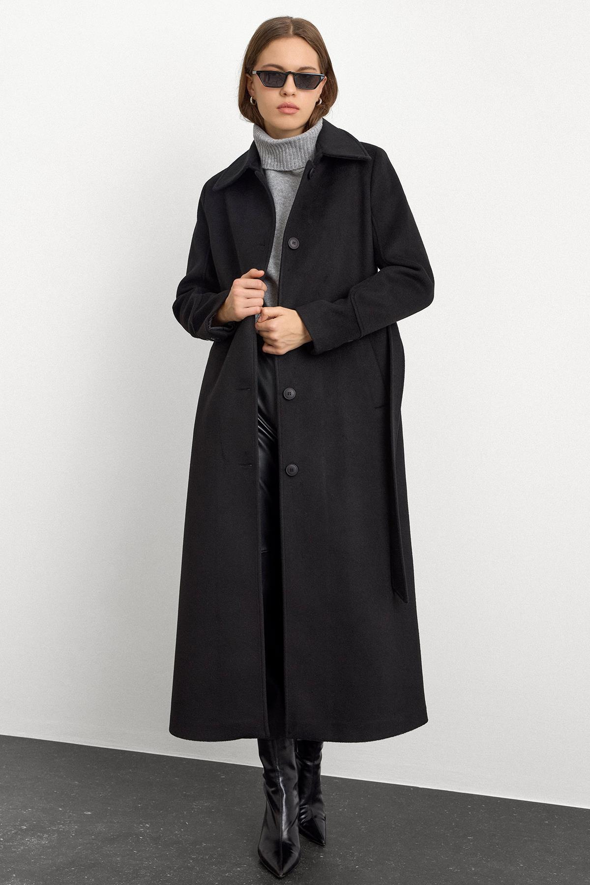 Gömlek Yaka Belden Bağlamalı Uzun Kaban SİYAH 3152