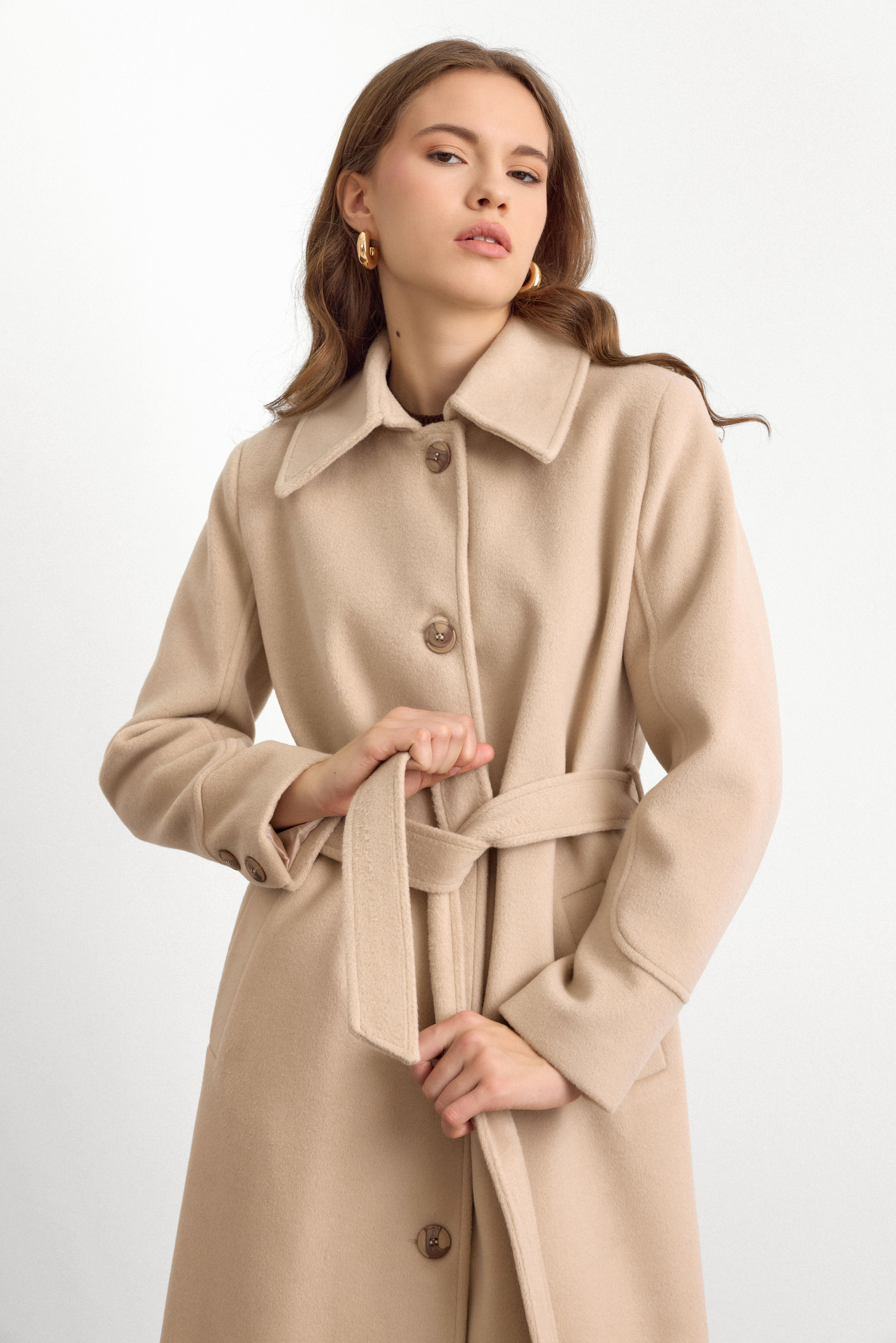 Gömlek Yaka Belden Bağlamalı Uzun Kaban BEJ 3152