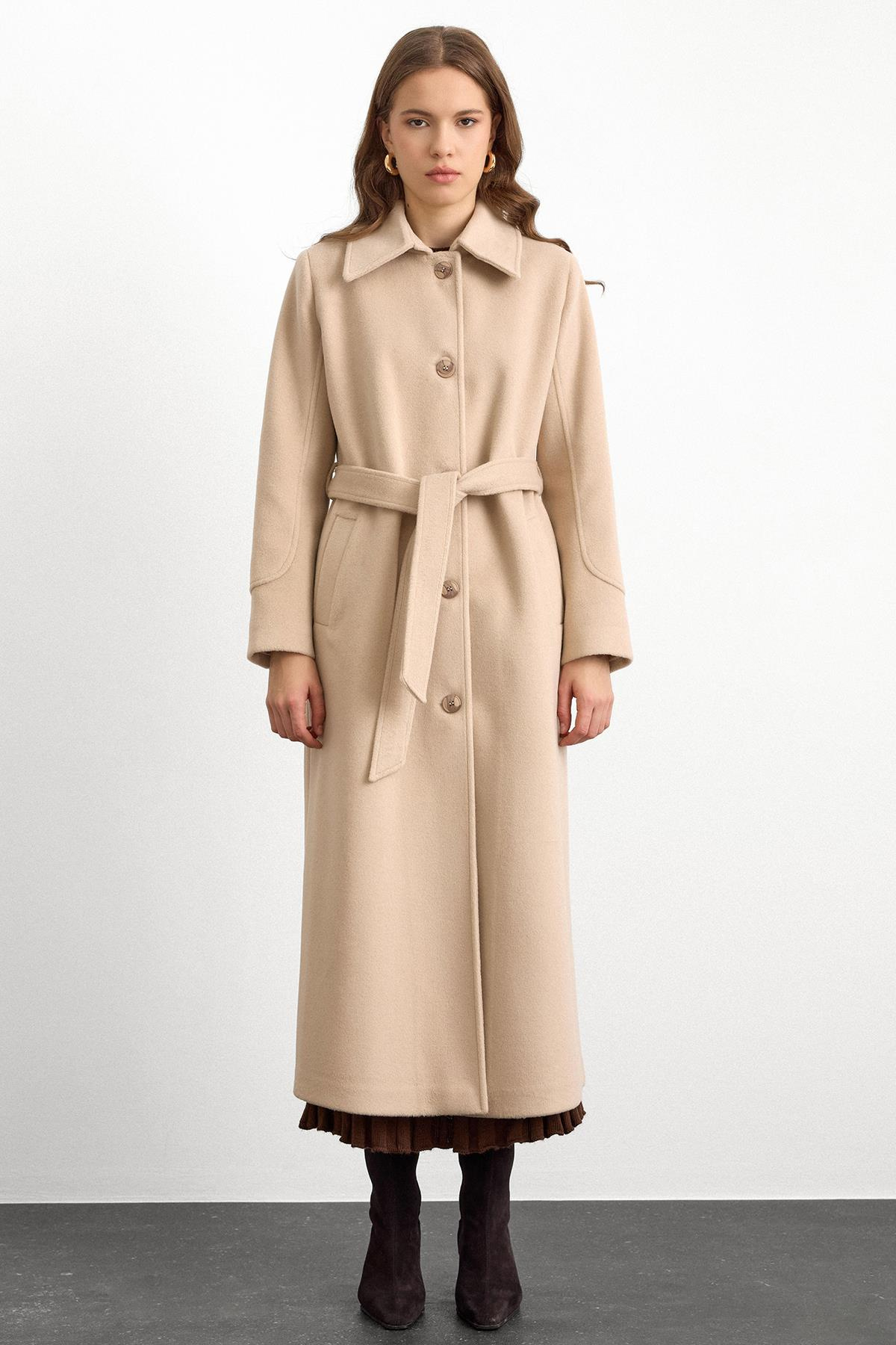 Gömlek Yaka Belden Bağlamalı Uzun Kaban BEJ 3152