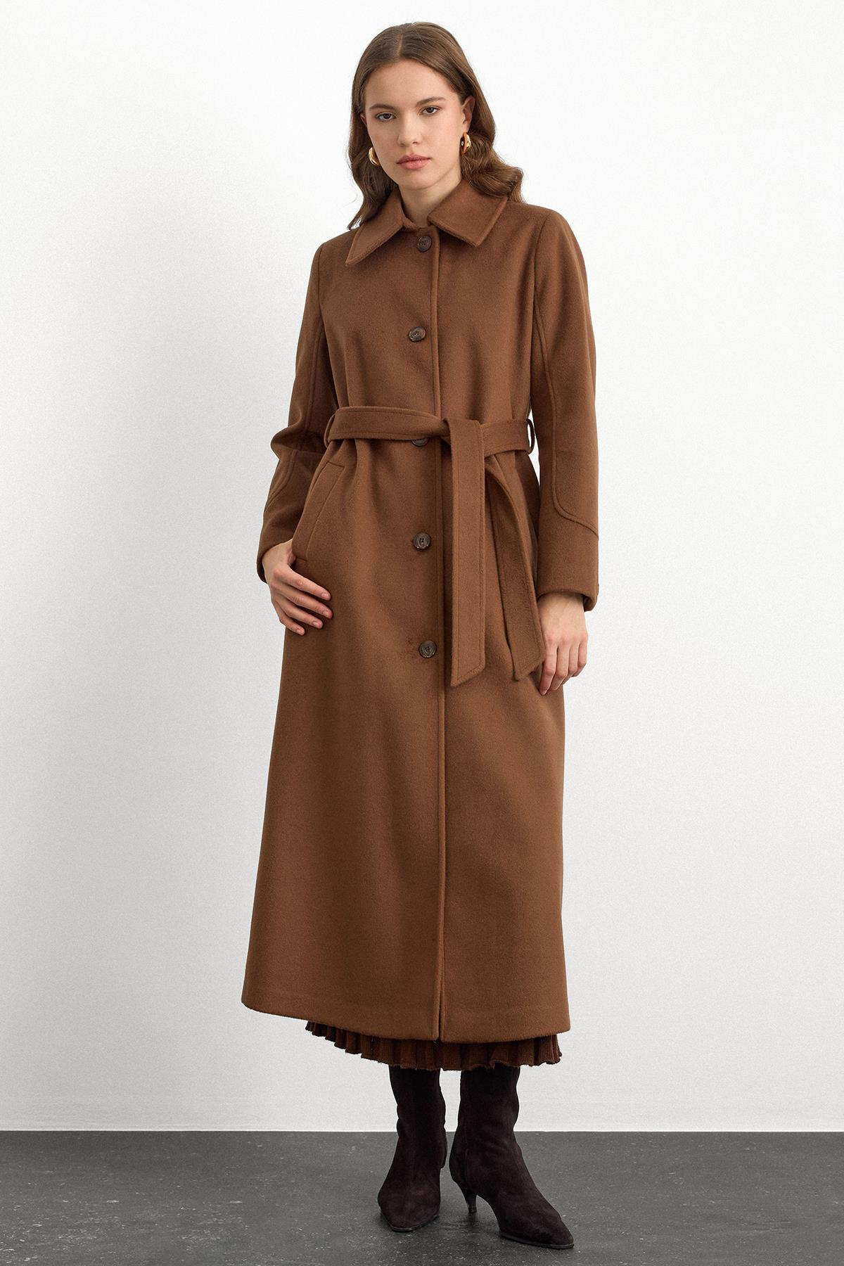 Gömlek Yaka Belden Bağlamalı Uzun Kaban TÜTÜN 3152