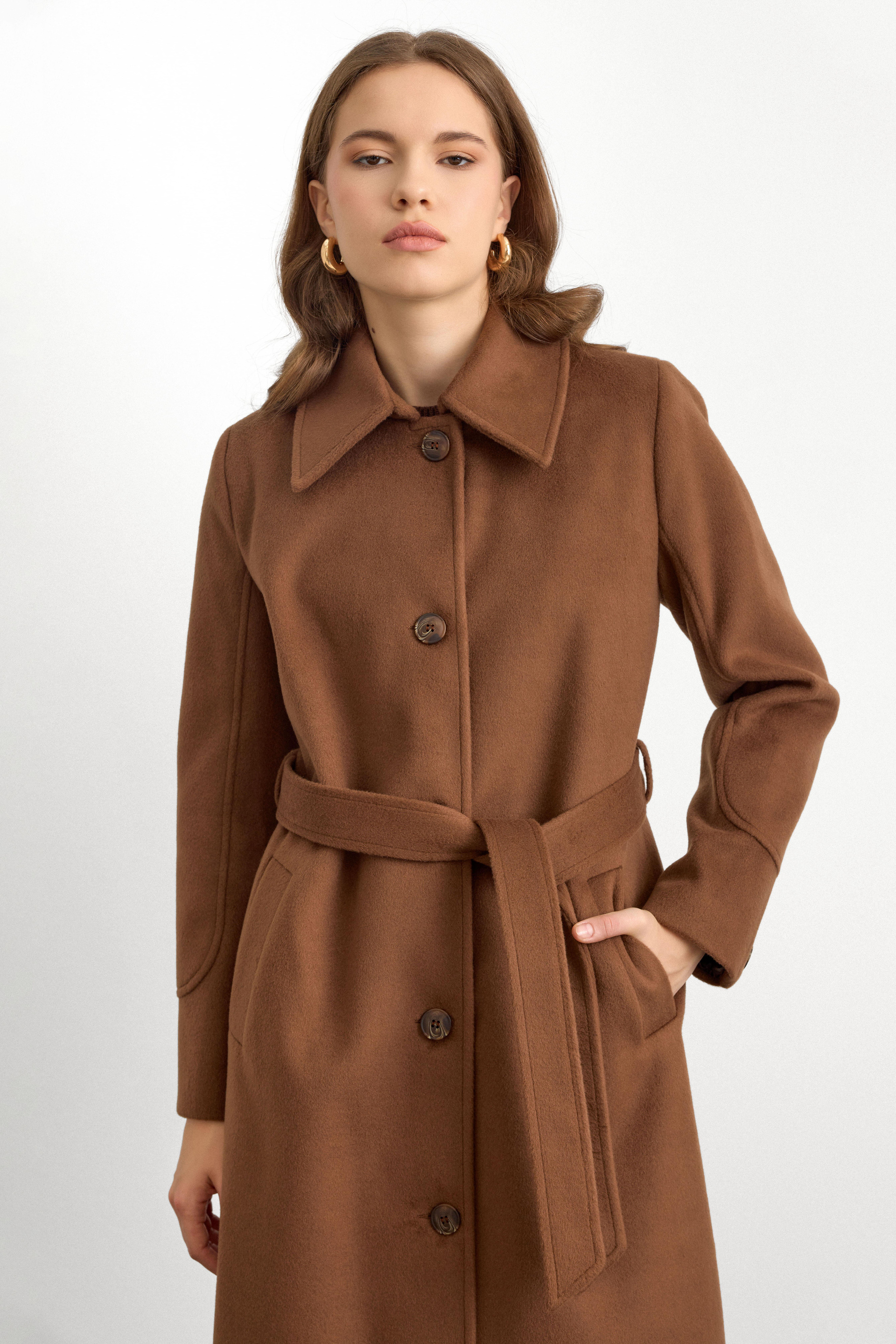 Gömlek Yaka Belden Bağlamalı Uzun Kaban TÜTÜN 3152