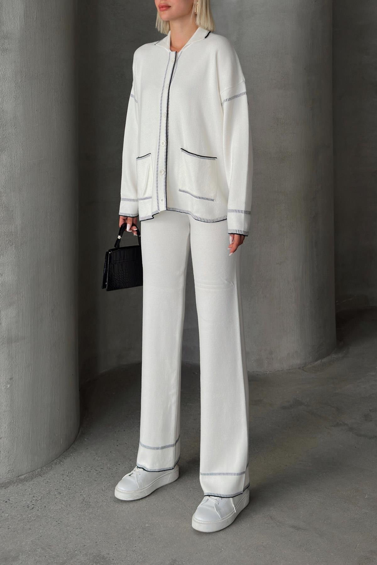 Shirt Collar Shepherd Stitched Two Piece Knitwear Suit IVORY 9239-TK