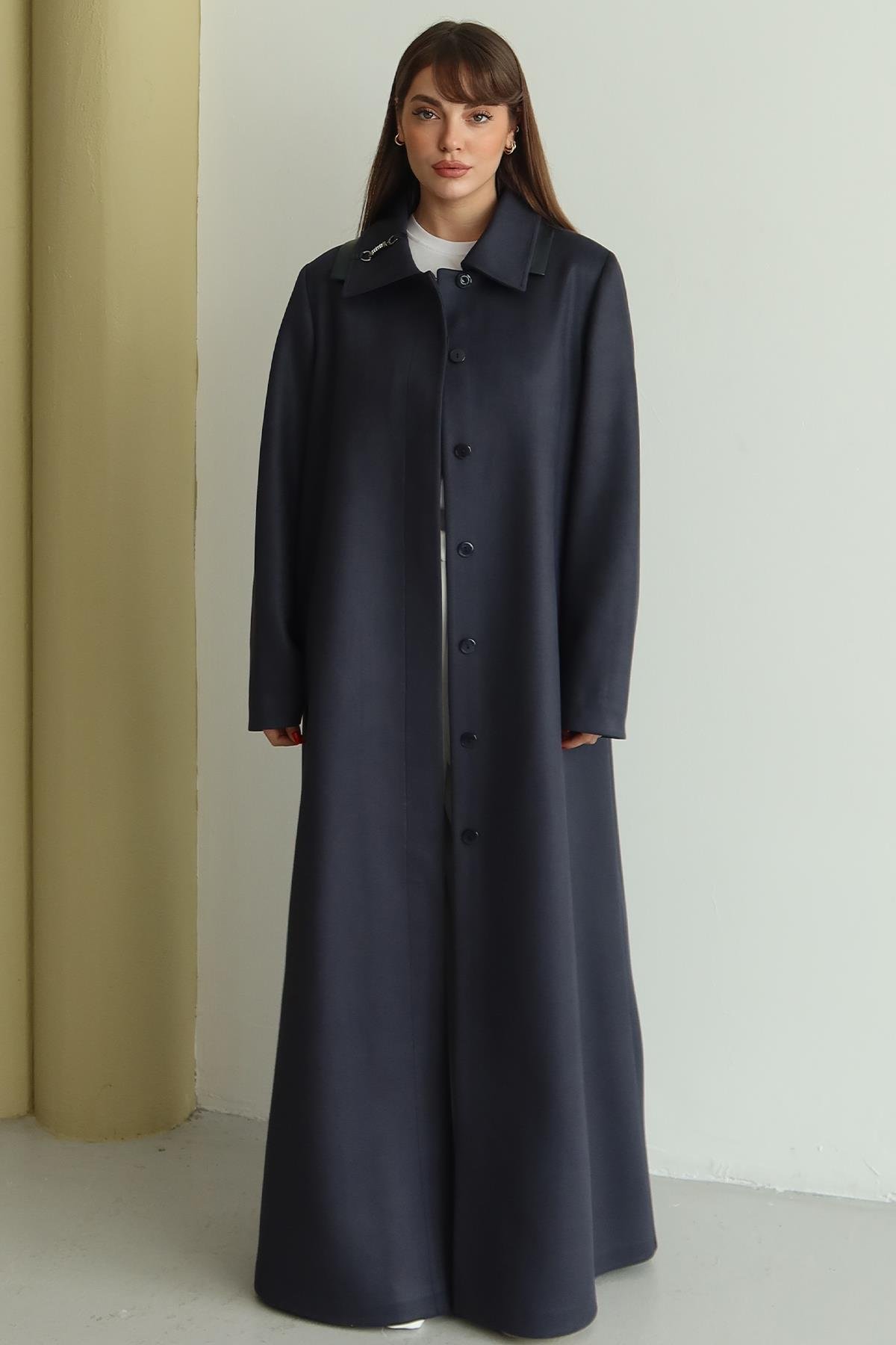 Gömlek Yaka Deri ve Taş Aksesuarlı Büyük Beden Gabardin Süet Pardesü LACİVERT 6796