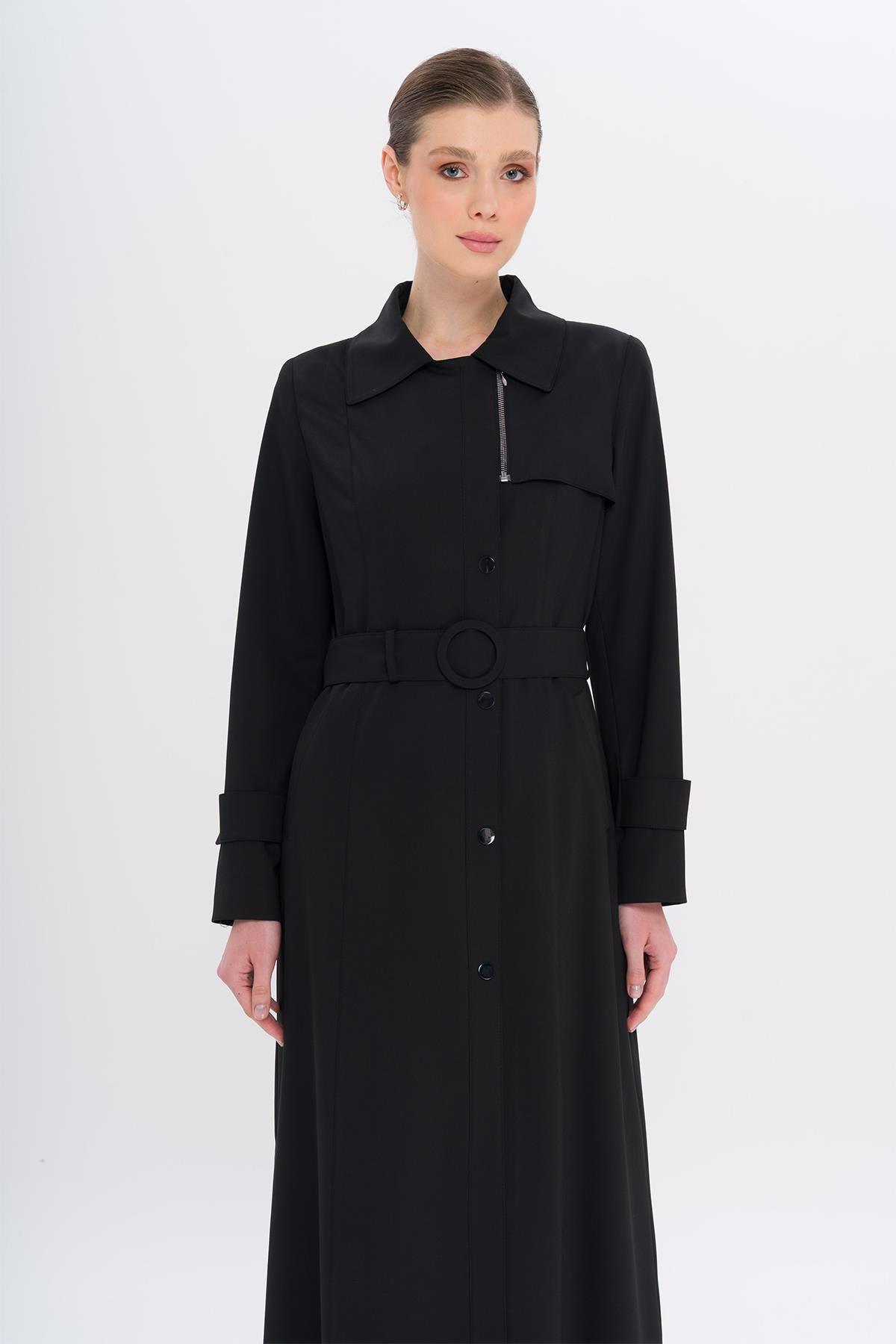 معطف مبطن بياقة قميص وسحاب وكبس للإغلاق أسود 6727