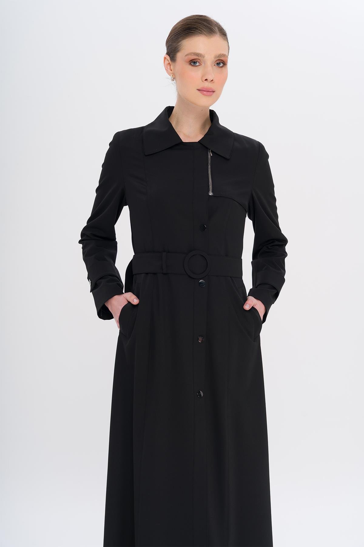 معطف مبطن بياقة قميص وسحاب وكبس للإغلاق أسود 6727