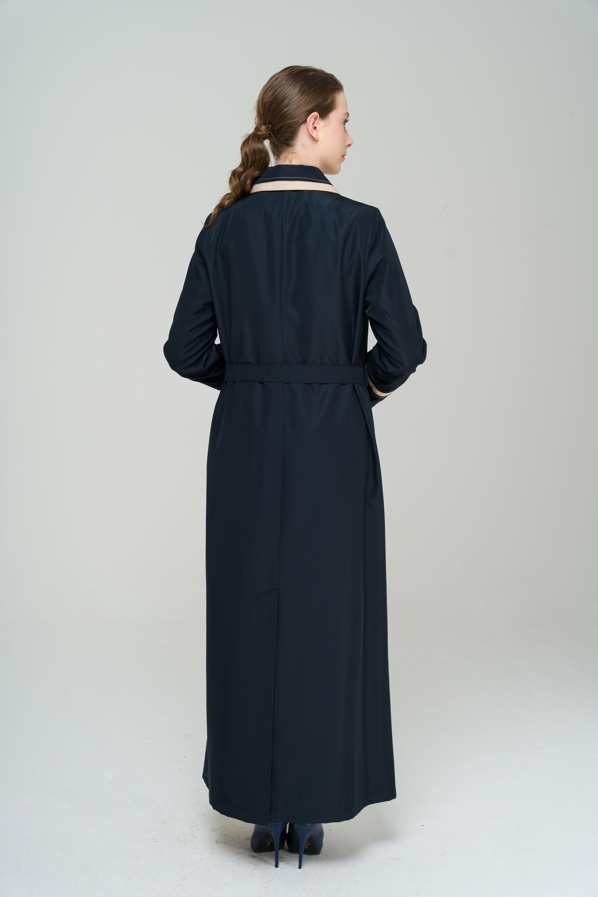 Gömlek Yaka Garni ve File Detaylı Büyük Beden Astarlı Uzun Trençkot LACİVERT 4296