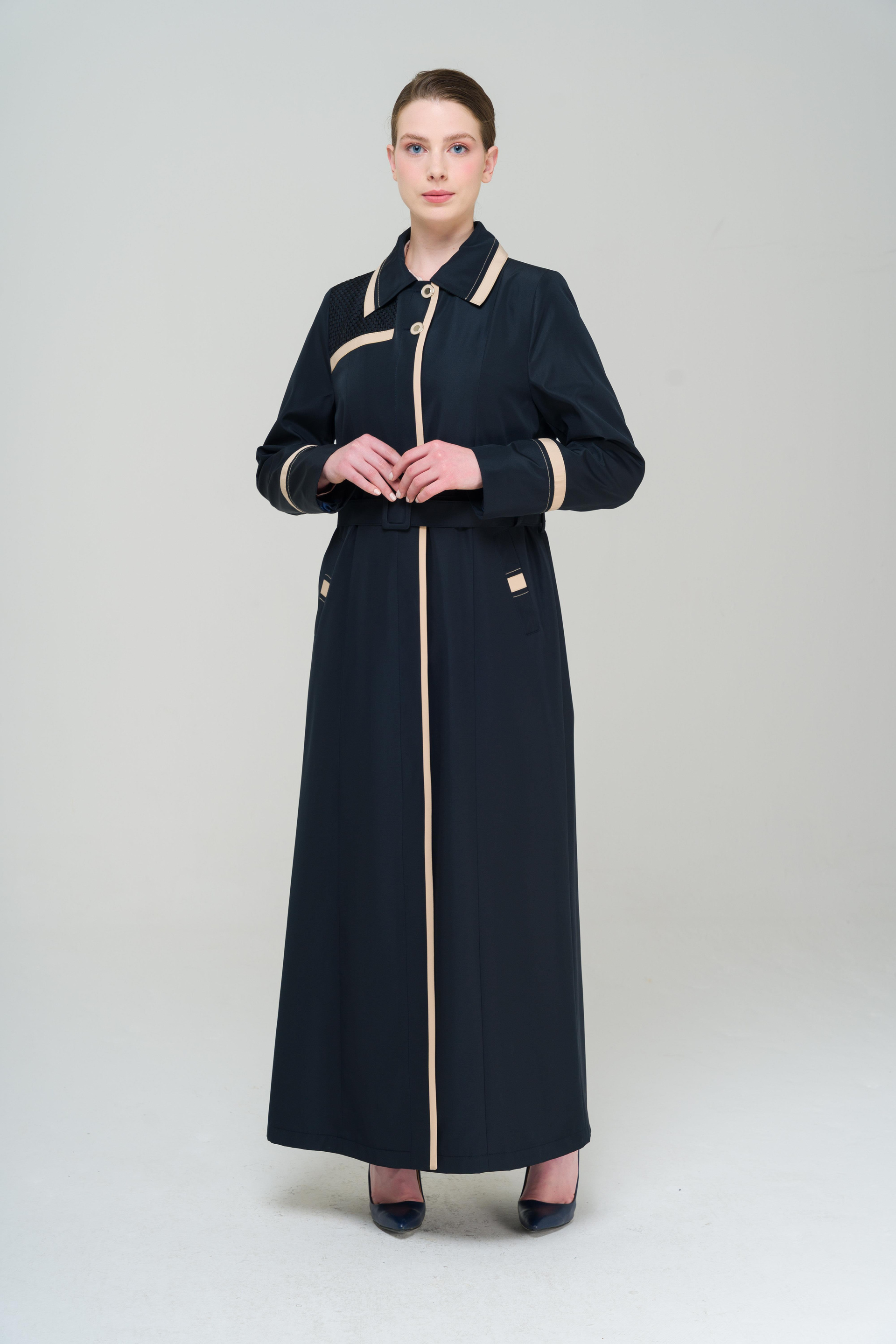 Gömlek Yaka Garni ve File Detaylı Büyük Beden Astarlı Uzun Trençkot LACİVERT 4296