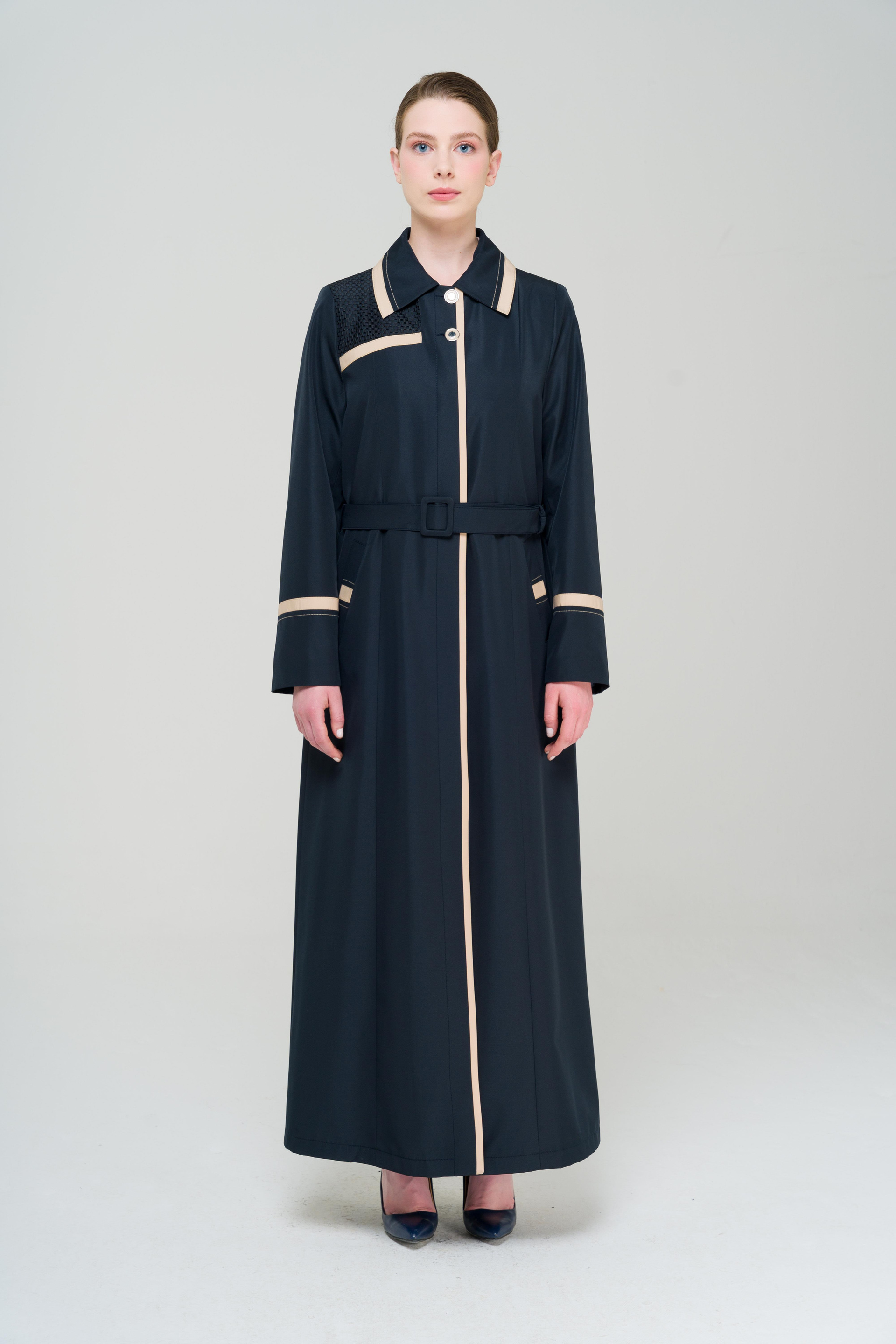 Gömlek Yaka Garni ve File Detaylı Büyük Beden Astarlı Uzun Trençkot LACİVERT 4296