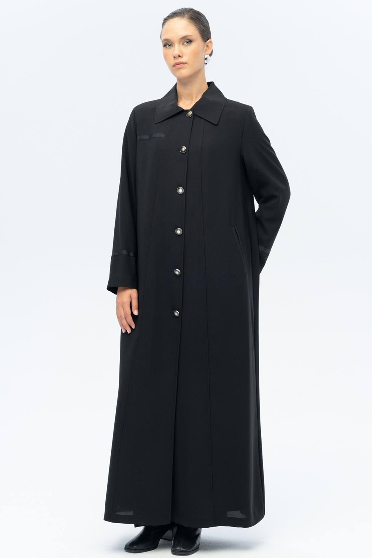 Gömlek Yaka Grogren Detaylı Astarlı Büyük Beden Pardesü SİYAH 6690-A