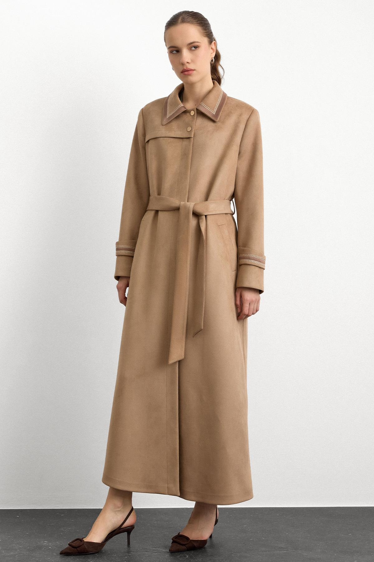 Gömlek Yaka İşleme Detaylı Süet Görünümlü Büyük Beden Pardesü A.KAMEL 6785