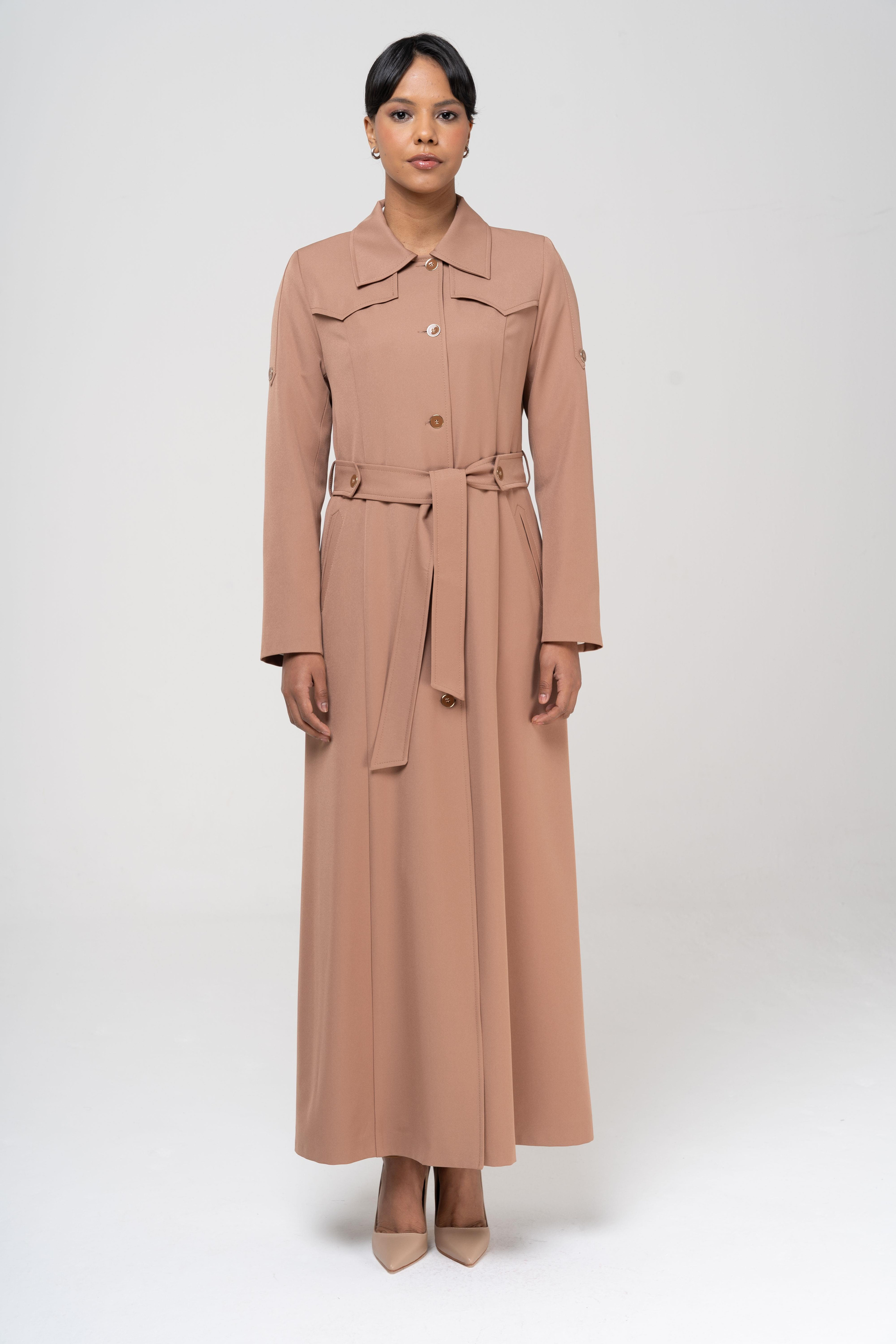 معطف علوي مبطن بتفاصيل حزام وياقة قميص كامل 6555