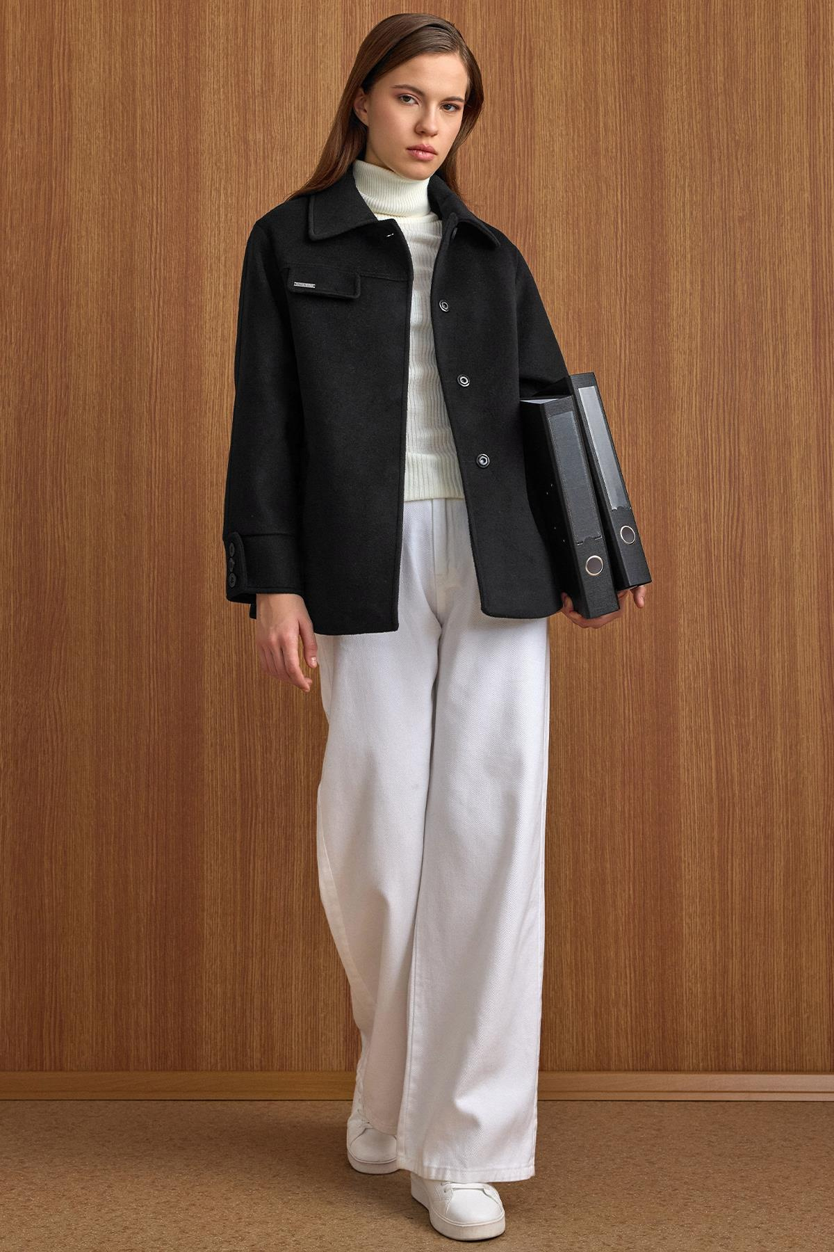 Gömlek Yaka Kuşak Detaylı Oversize Kısa Kaban SİYAH 3155