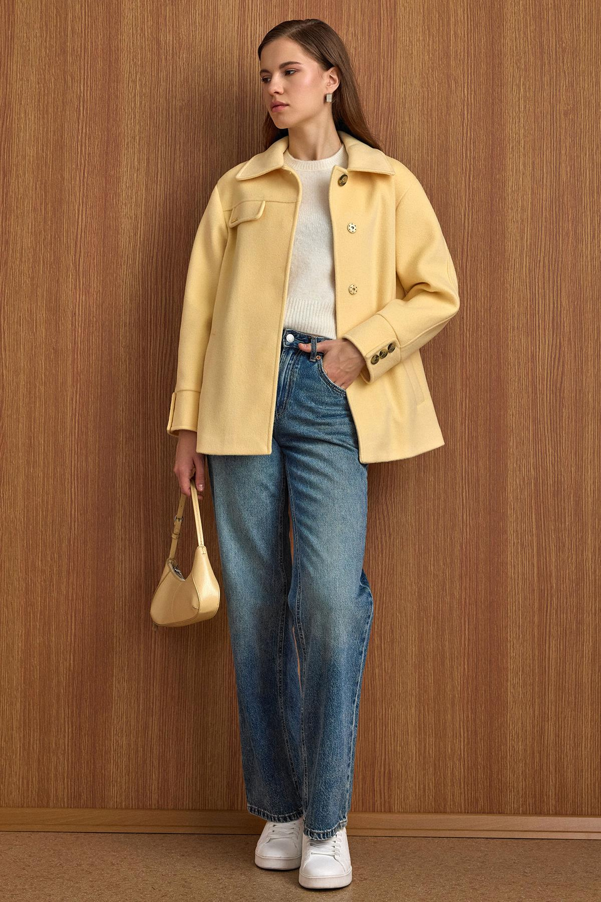 Gömlek Yaka Kuşak Detaylı Oversize Kısa Kaban SARI 3155