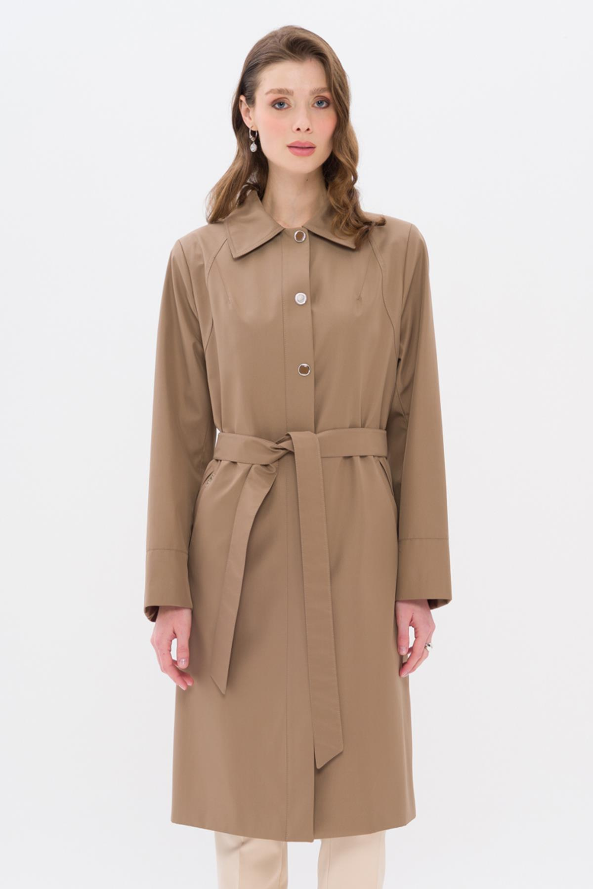 Gömlek Yaka Metal Aksesurarlı Büyük Beden Trençkot VİZON 4304