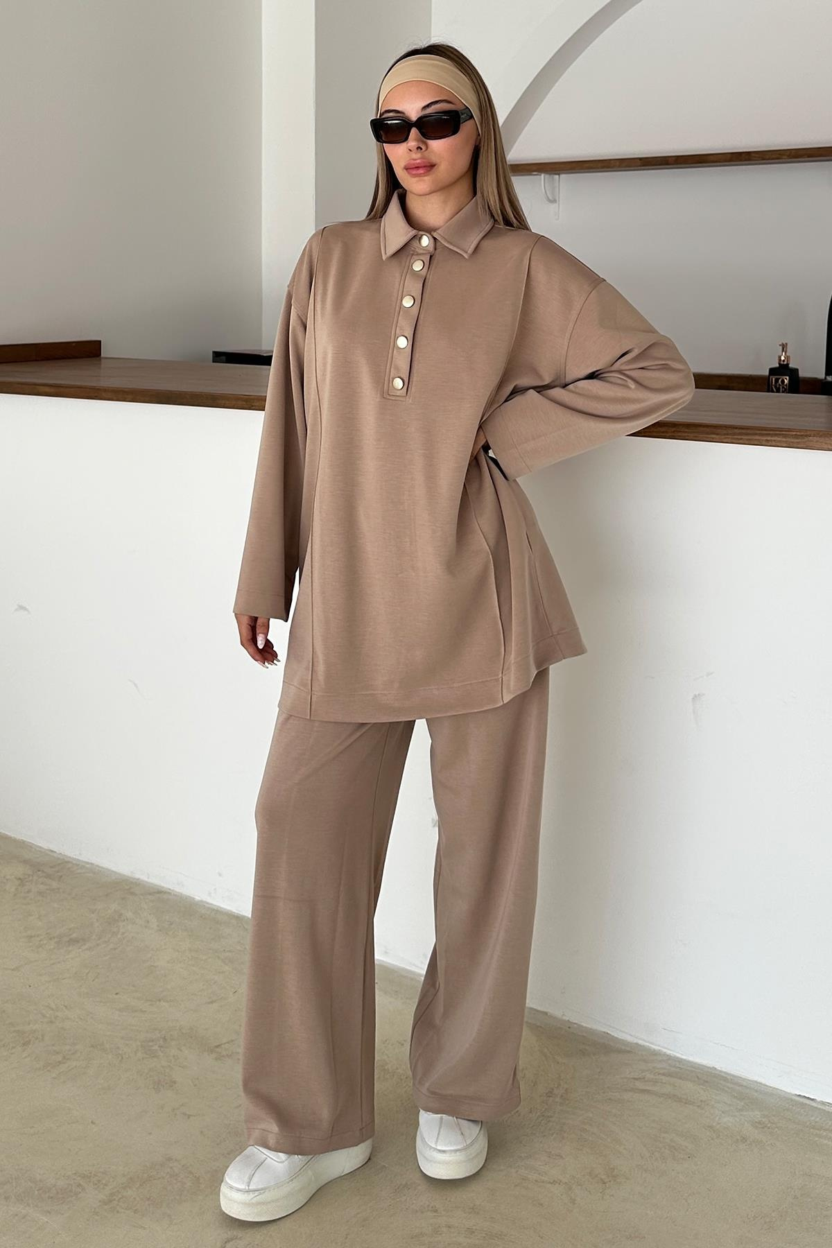 Gömlek Yaka Premium Örme Kumaş Tunik Pantolon Takım KAMEL 9374-TK