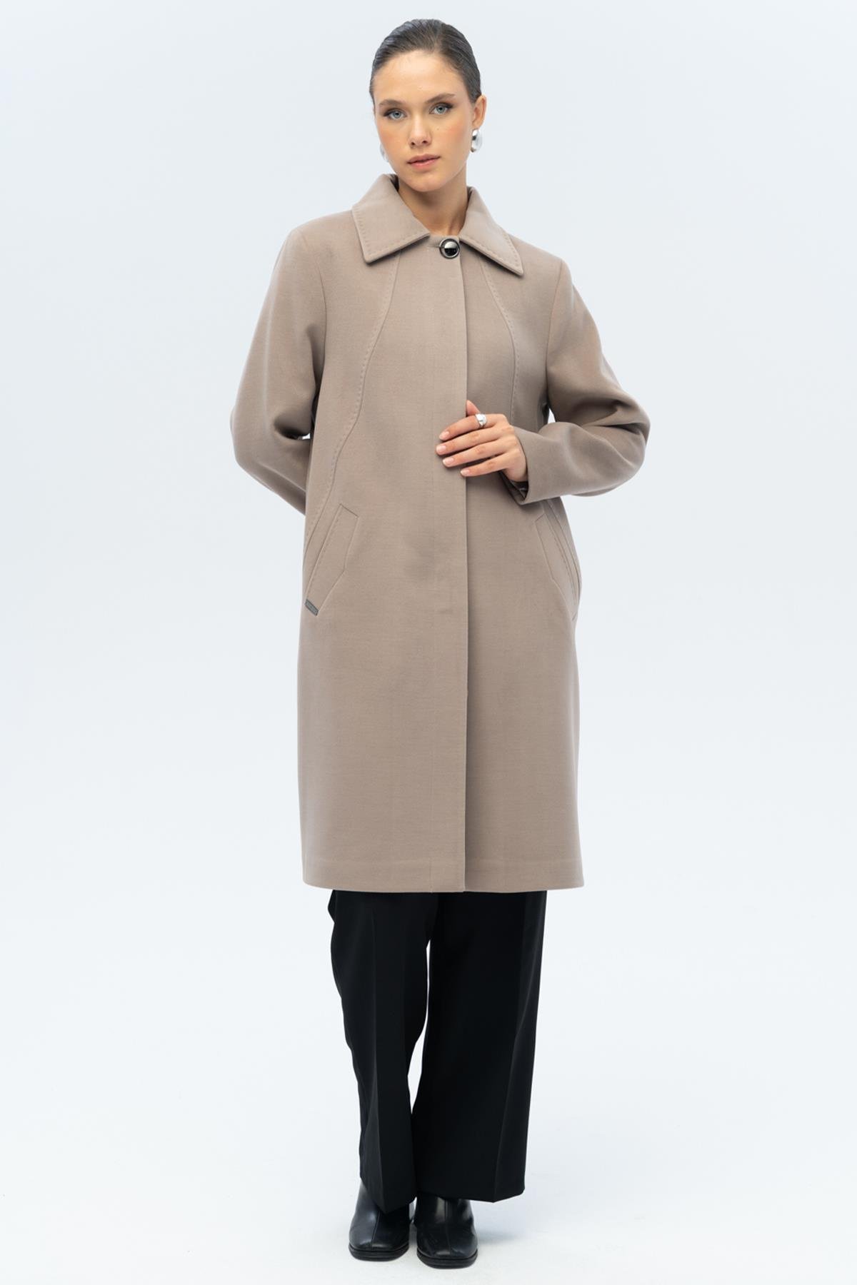 Shirt Collar Point Detailed Plus Size Coat VIZON 3117