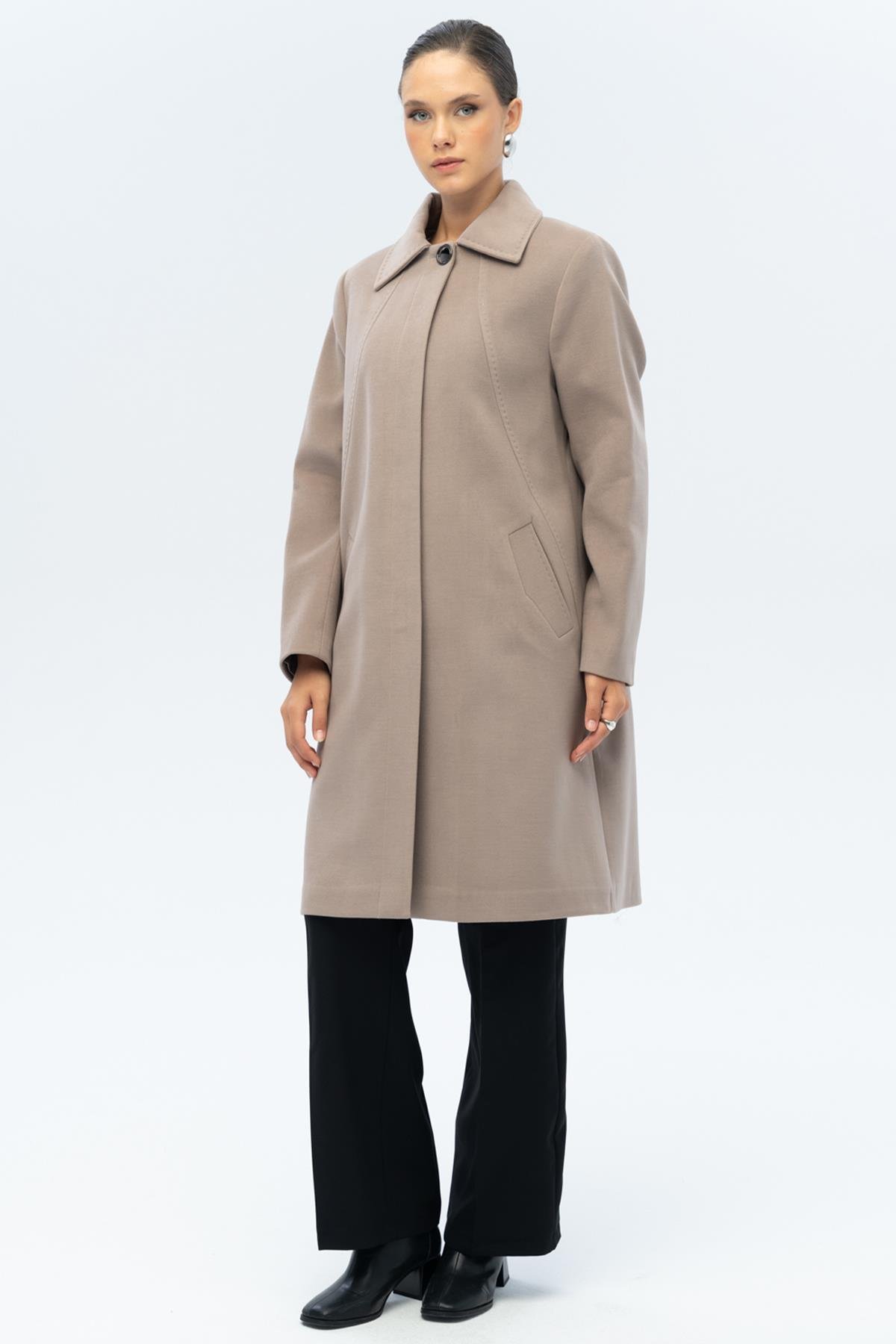 Shirt Collar Point Detailed Plus Size Coat VIZON 3117