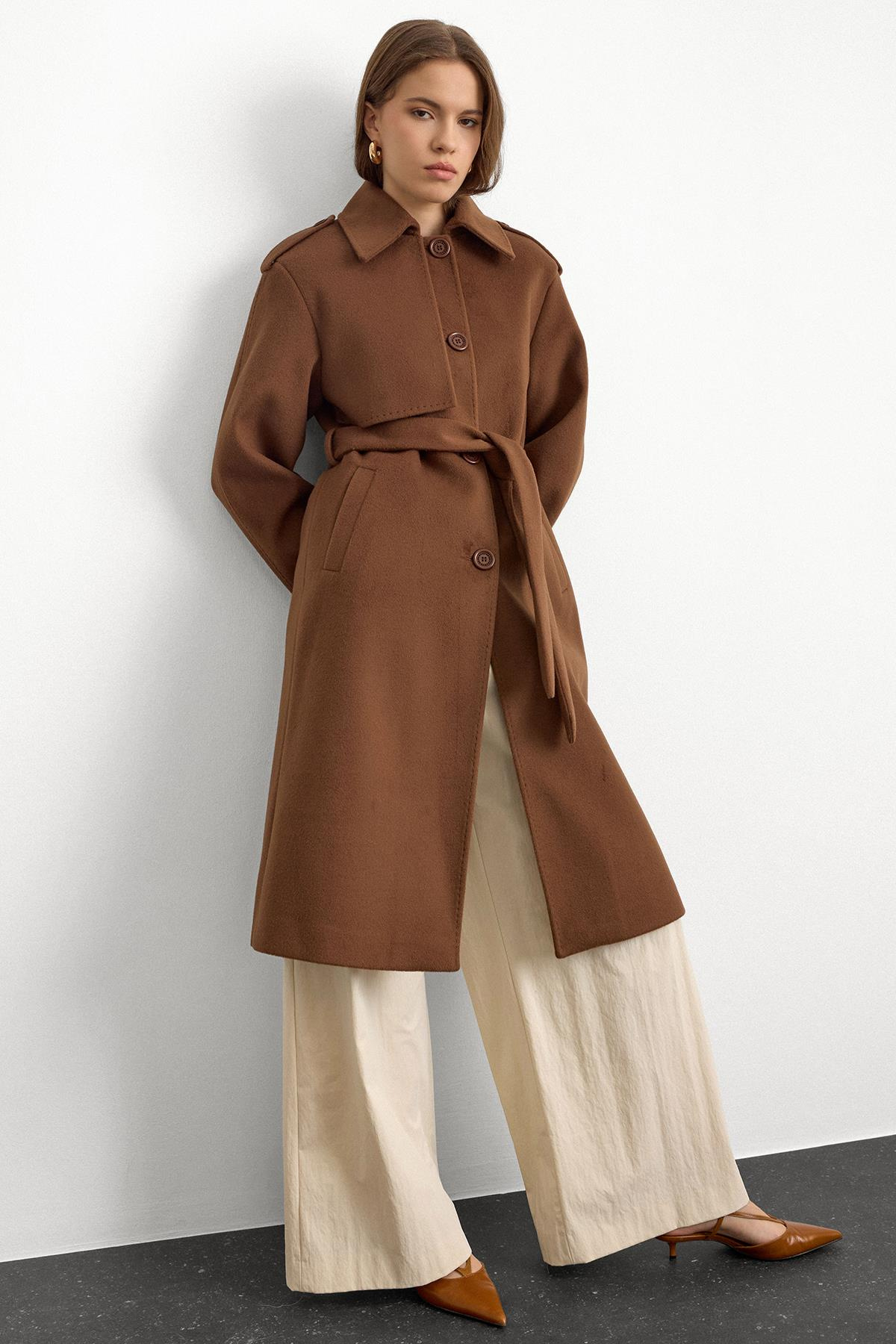 Premium Coat with Shirt Collar Point Stitch Detail TOBACCO 3125