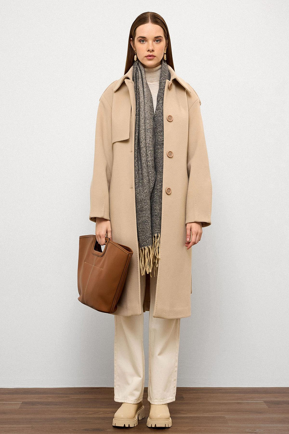 Gömlek Yaka Punto Dikiş Detaylı Premium Kaban BEJ 3125