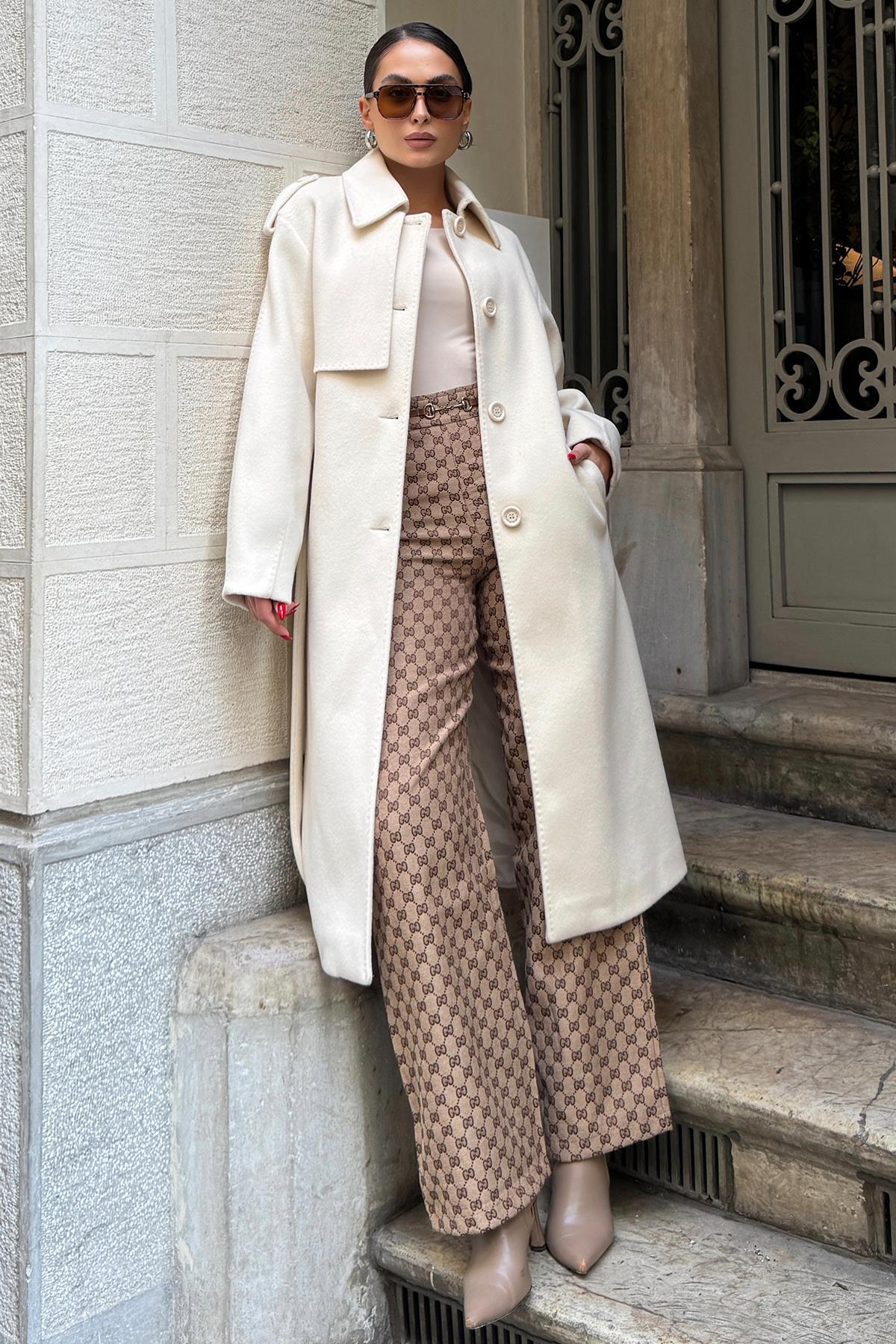 Premium Coat with Shirt Collar Point Stitch Detail IVORY 3125