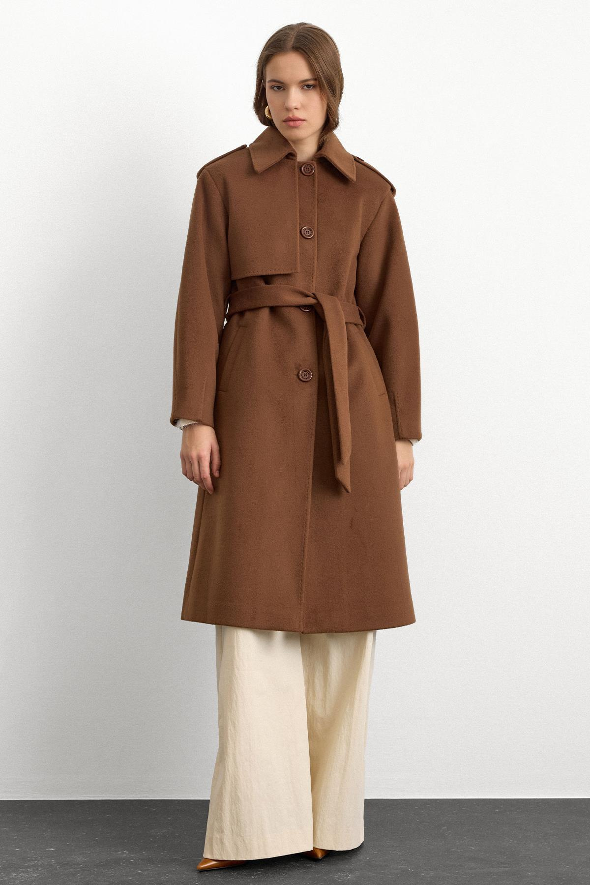 Premium Coat with Shirt Collar Point Stitch Detail TOBACCO 3125