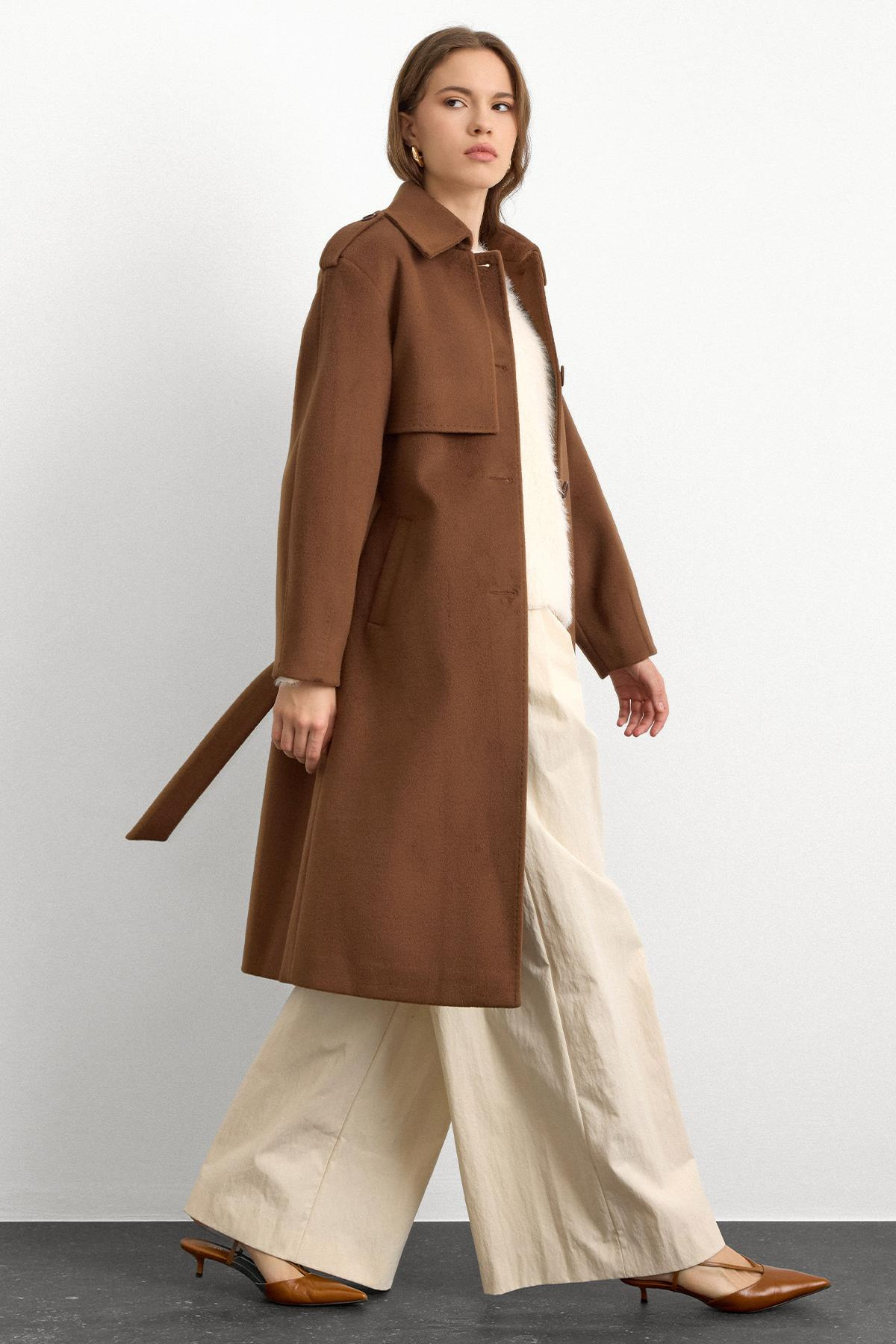 Premium Coat with Shirt Collar Point Stitch Detail TOBACCO 3125