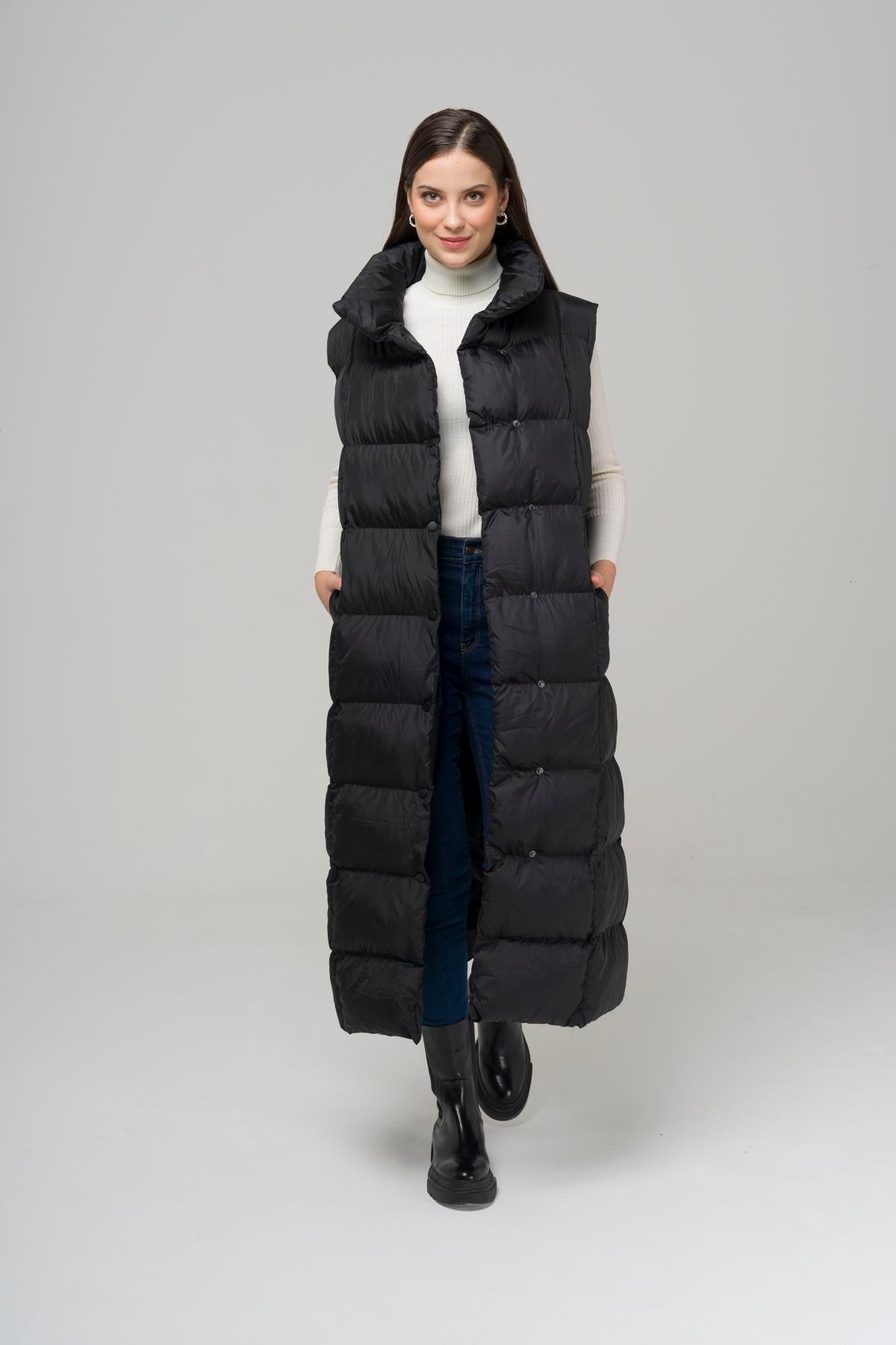 Hakim Yaka Çıt Çıt Kapamalı Uzun Şişme Yelek SİYAH 8229